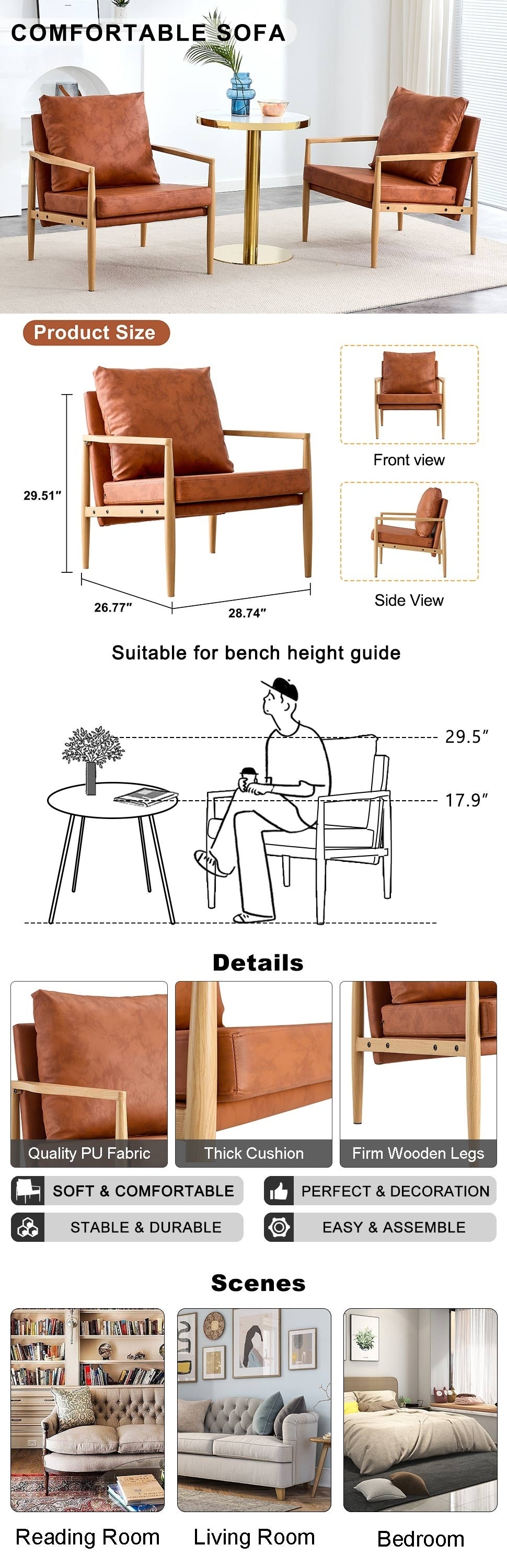 Pu Leather Accent Arm Chair Mid Century Modern Upholstered Armchair With Imitation Solid Wood Color Metal Frame Extra Thick Padded Backrest And Seat Cushion Sofa Chairs For Living Room Sf 010 Brown Foam Pu