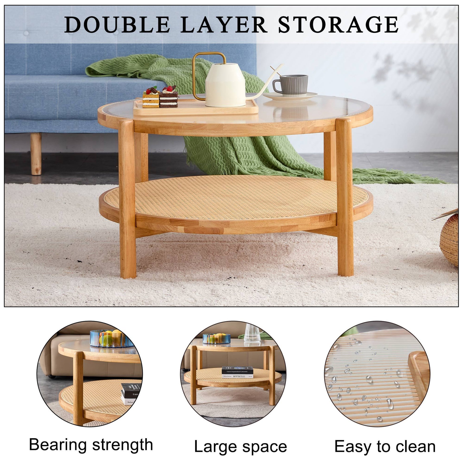 Modern Simple Circular Double Layer Solid Wood Tea Table Rattan Woven Chinese Side Table Small Round Table Suitable For Living Room, Dining Room And Bedroom Natural Wood Solid Wood