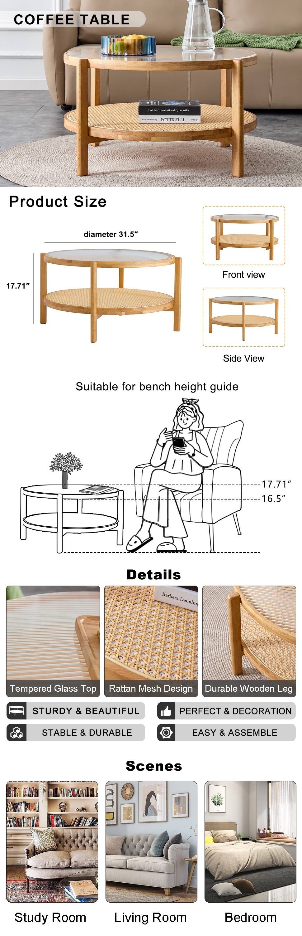 Modern Simple Circular Double Layer Solid Wood Tea Table Rattan Woven Chinese Side Table Small Round Table Suitable For Living Room, Dining Room And Bedroom Natural Wood Solid Wood