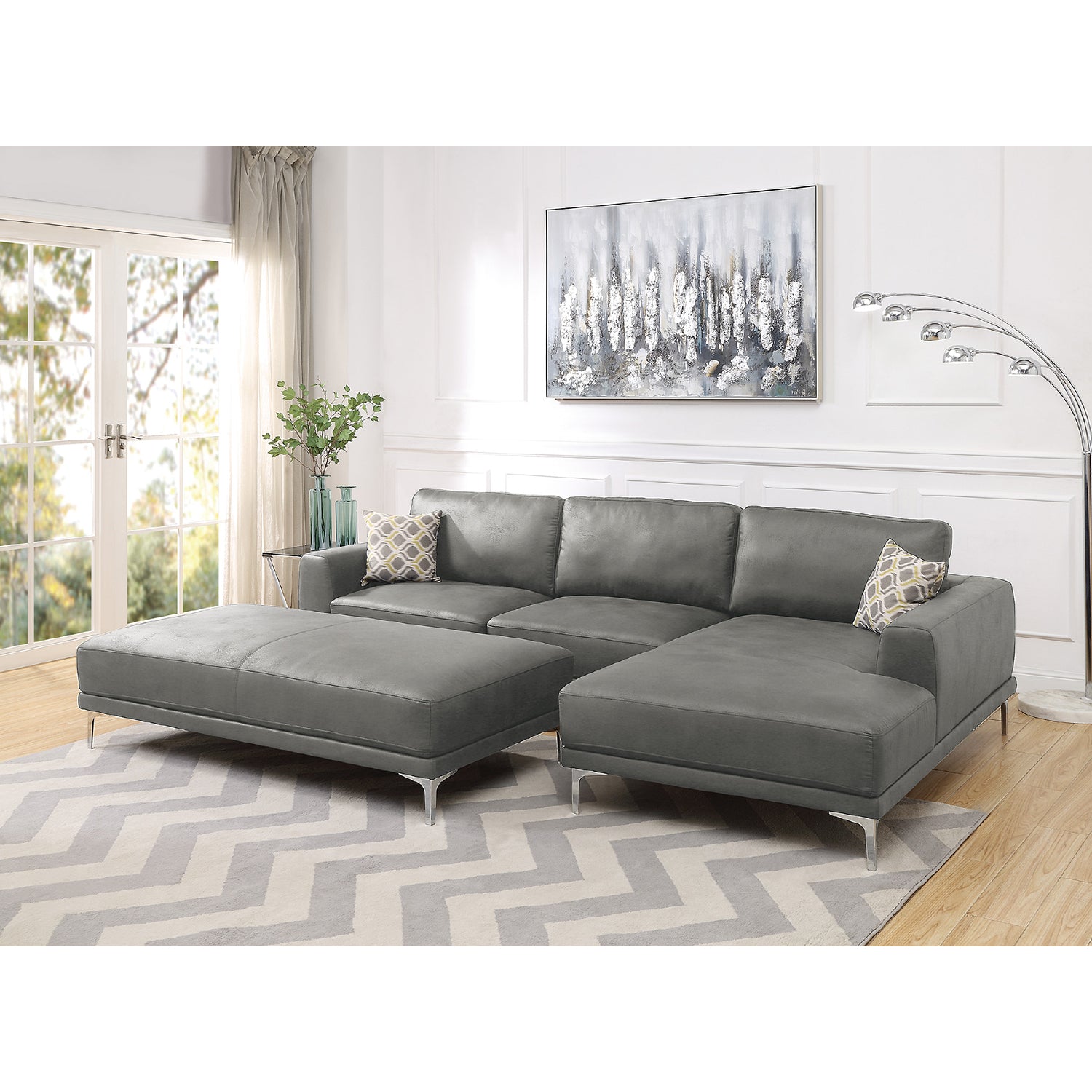 Faux Leather Upholstered Cocktail Ottoman In Antique Grey Finish Gray Solid Contemporary Rectangle Pu Leather
