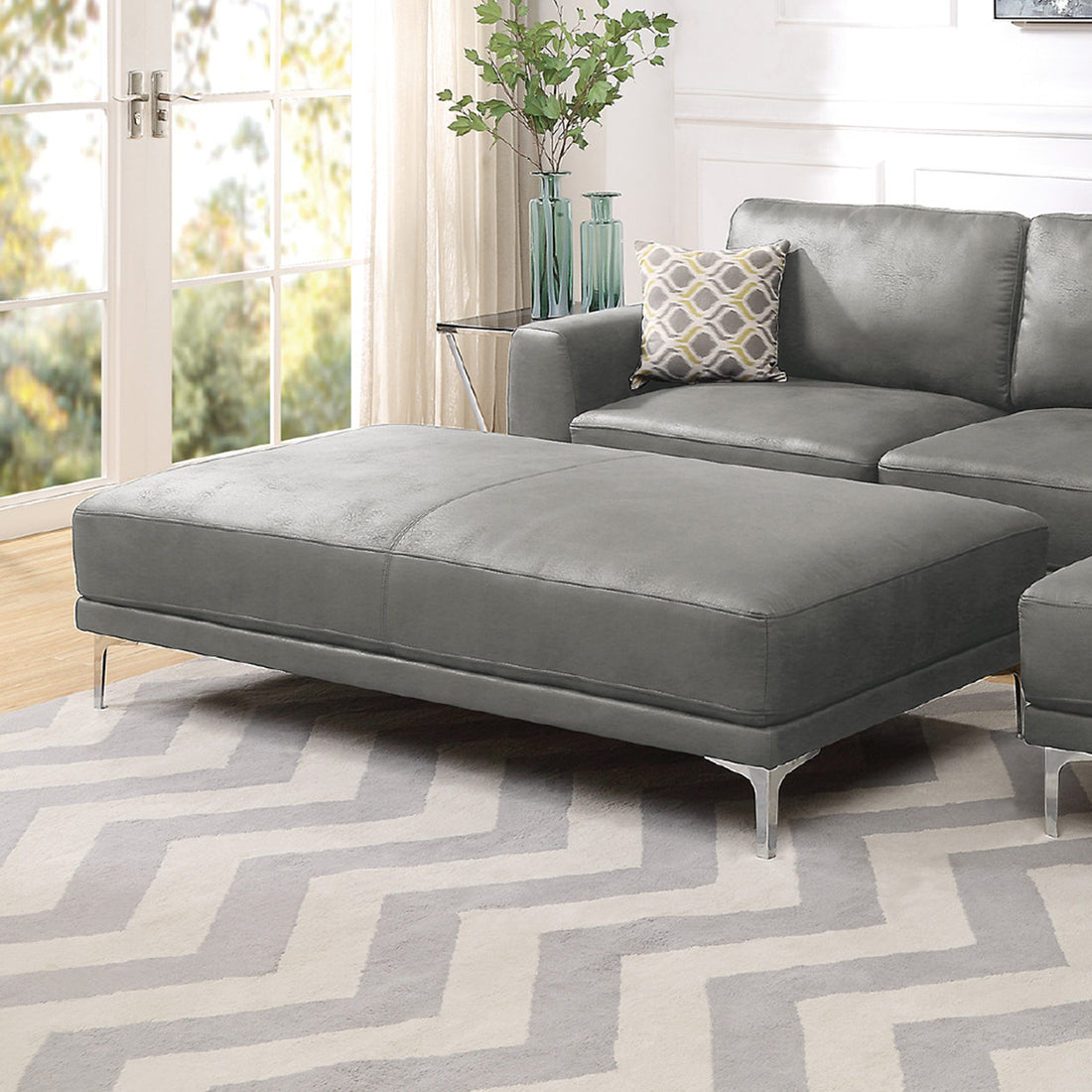 Faux Leather Upholstered Cocktail Ottoman In Antique Grey Finish Gray Solid Contemporary Rectangle Pu Leather
