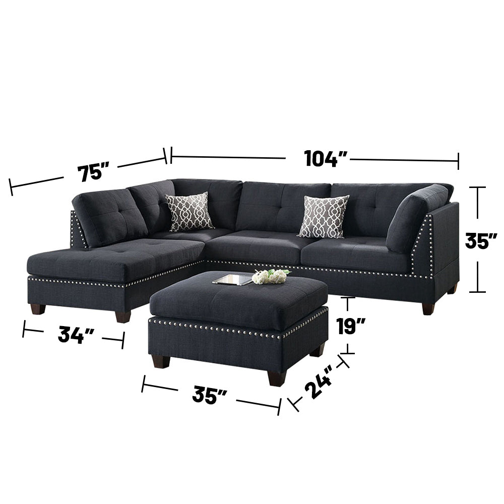 Polyfiber Reversible Sectional Sofa With Ottoamn In Black Black L Shaped Pillow Top Arms Polyester