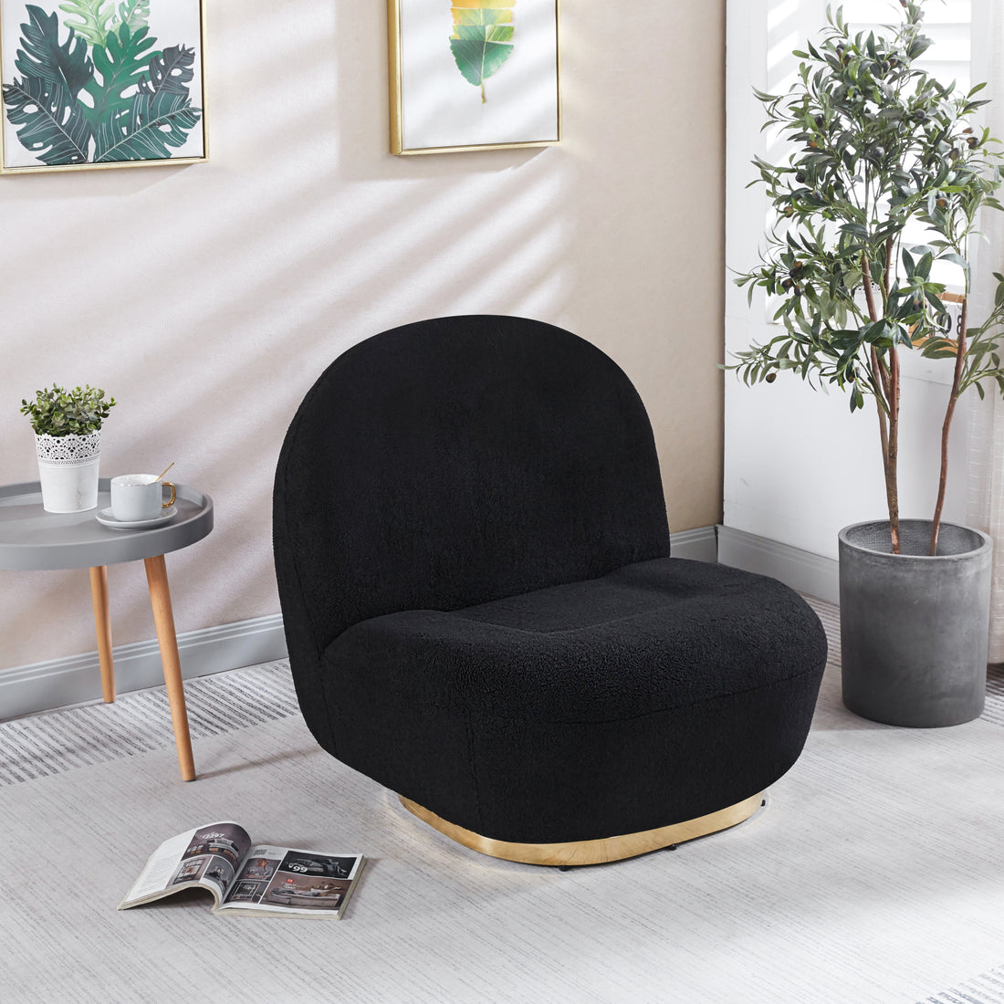 Modern Velvet Swivel Accent Chair, Swivel Barrel Chair With Gold Finish Stainless Steel Base Black Polyester