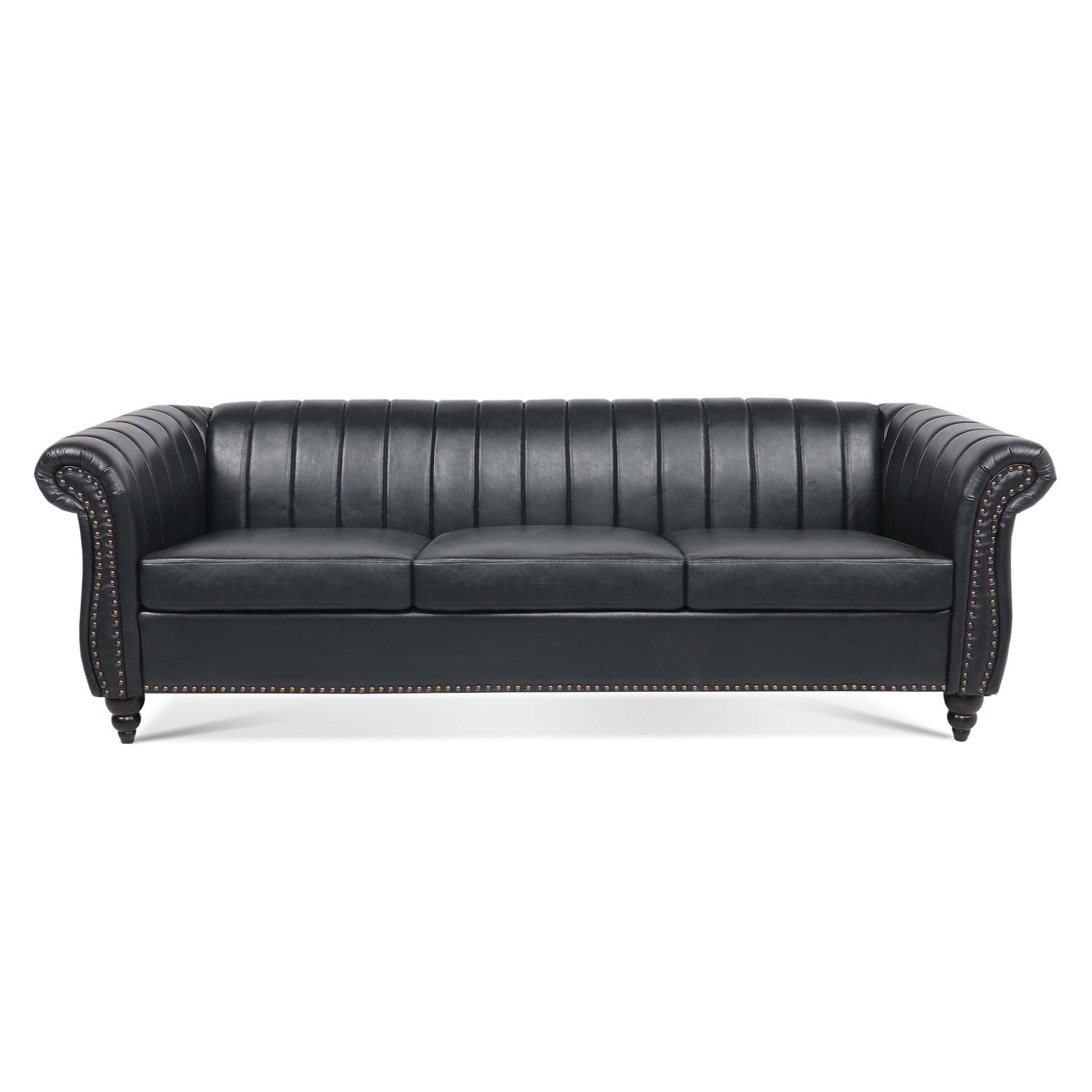 83.46'' Black Pu Rolled Arm Chesterfield Three Seater Sofa. Black Pu