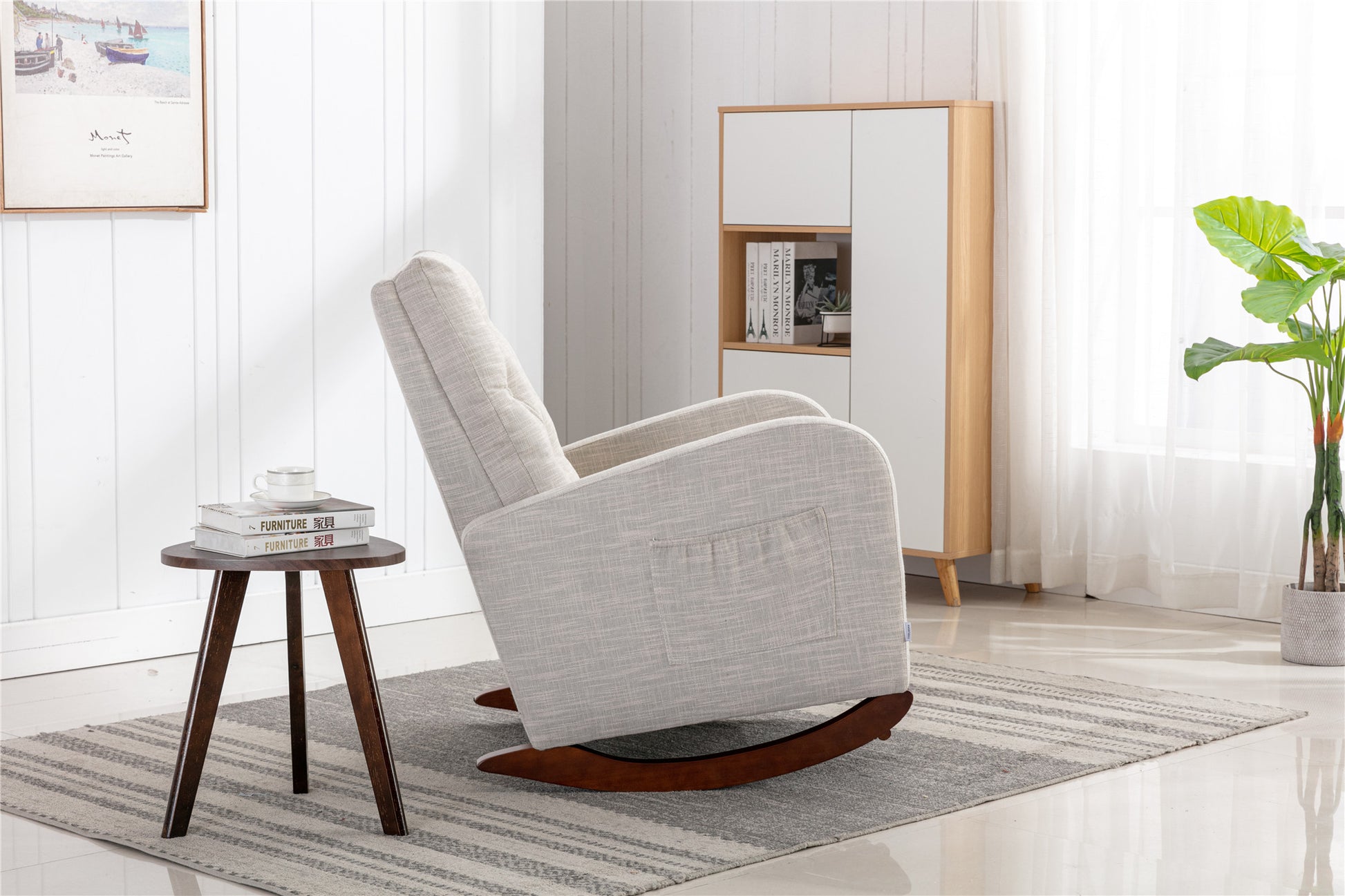 High Back Rocking Chair Nursery Chair .Comfortable Rocker Fabric Padded Seat .Modern High Back Armchair Light Gray Polyester