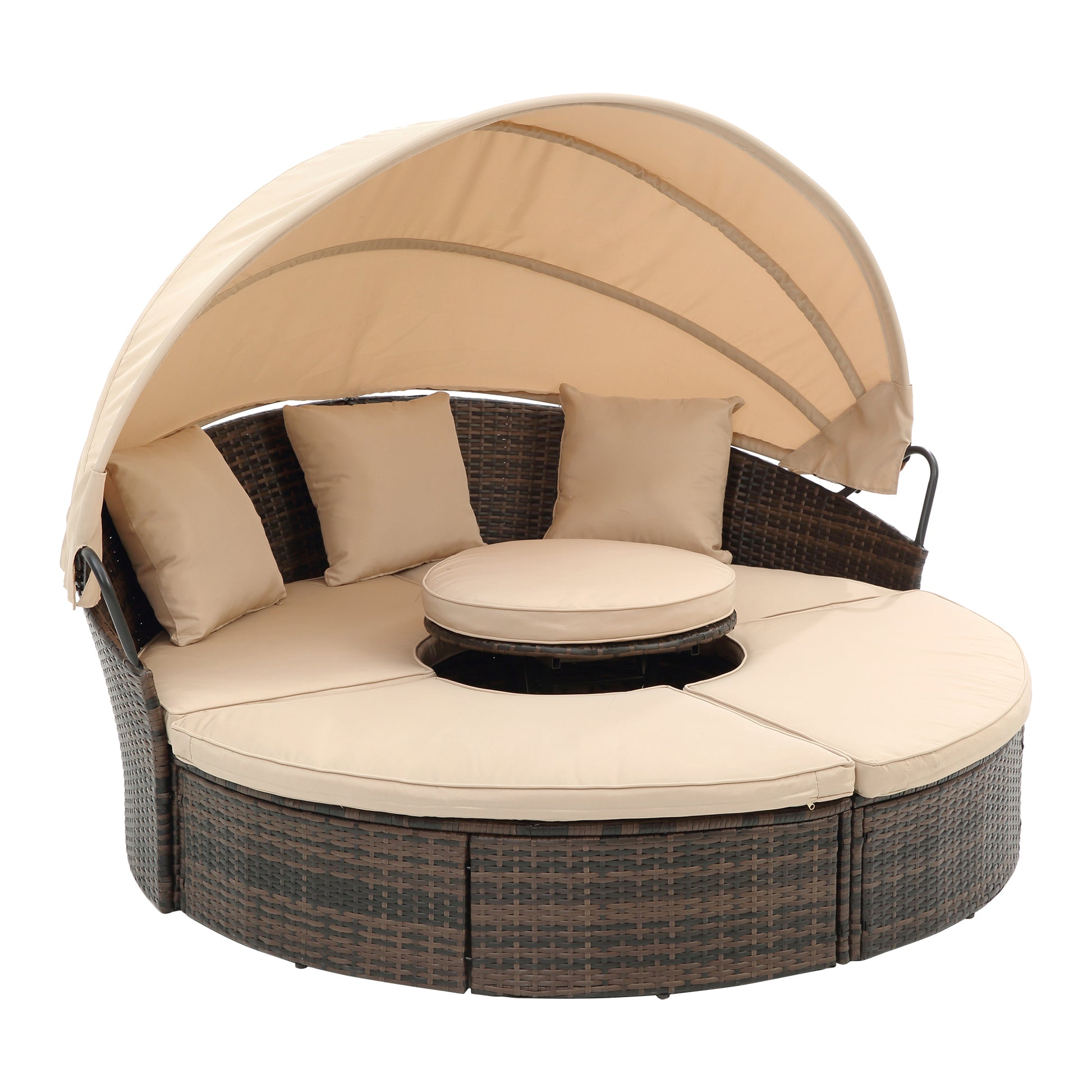 Kd Rattan Round Lounge With Canopy Bali Canopy Bed Outdoor, Wicker Outdoor Sofa Bed With Lift Coffee Table Beige Cotton Steel