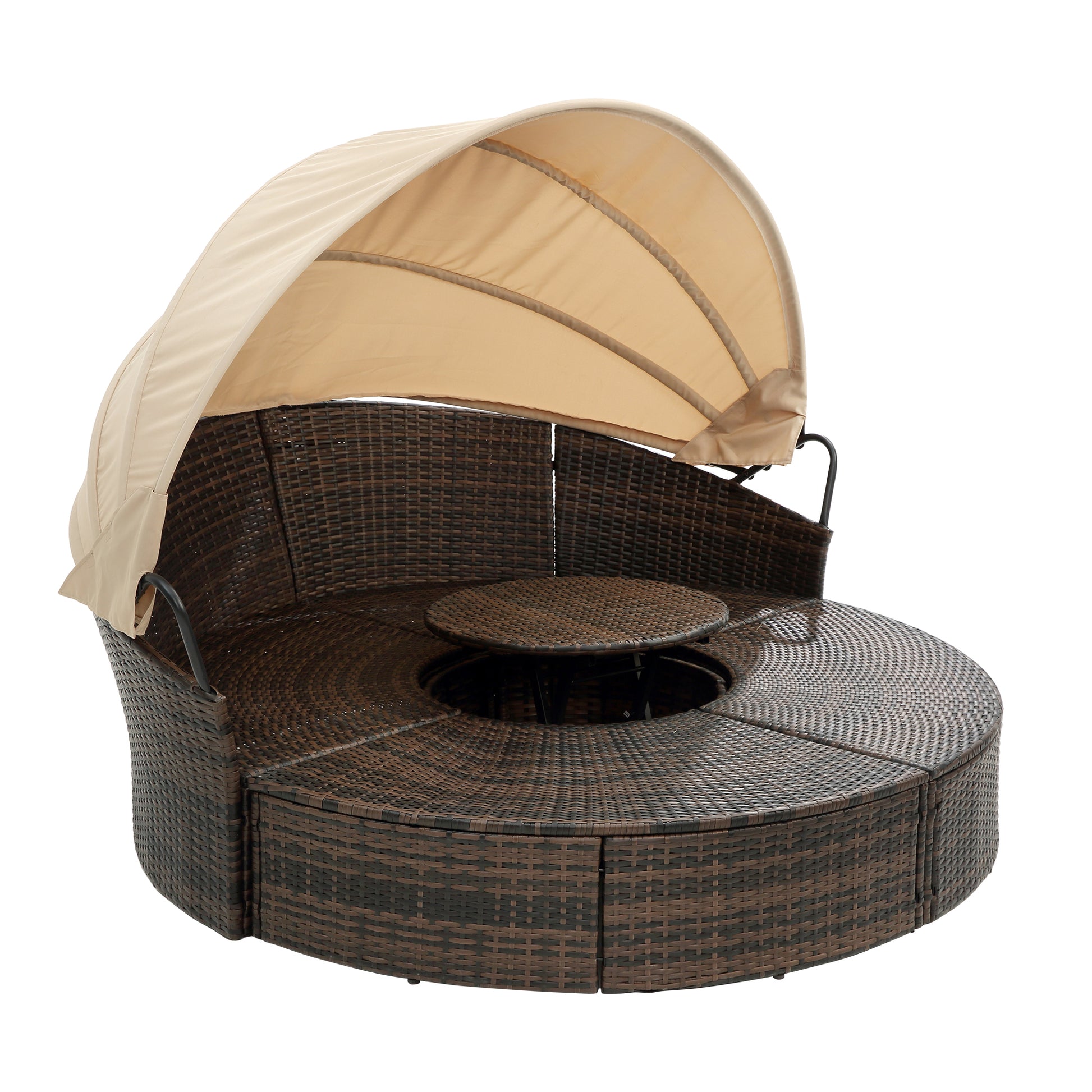 Kd Rattan Round Lounge With Canopy Bali Canopy Bed Outdoor, Wicker Outdoor Sofa Bed With Lift Coffee Table Beige Cotton Steel