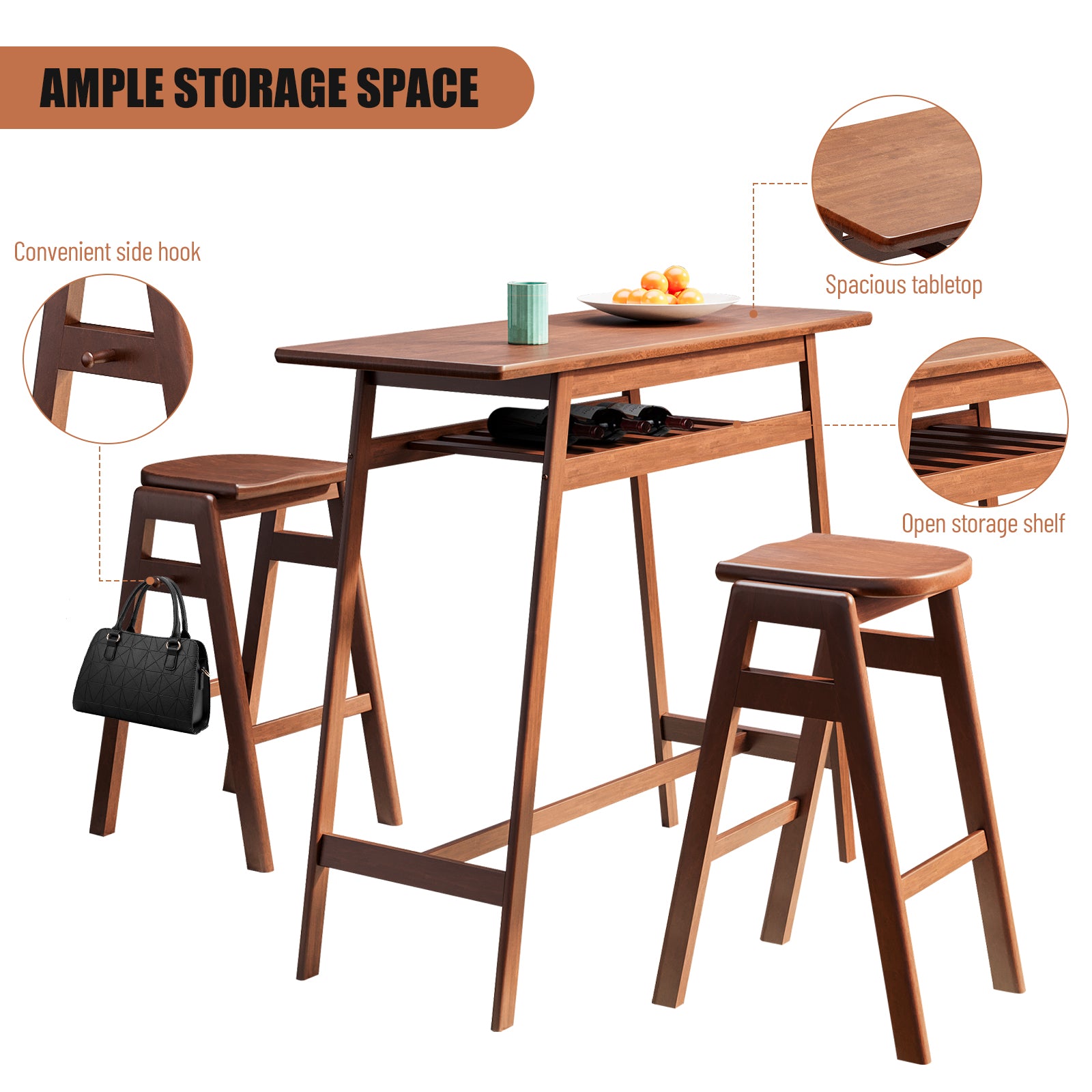 3 Pcs Pub Dining Set Retro Bar Table Rubber Wood Stackable Backless High Stool For 2 With Shelf And Hooks For Home Bar Small Space Antique Brown Rubber Wood