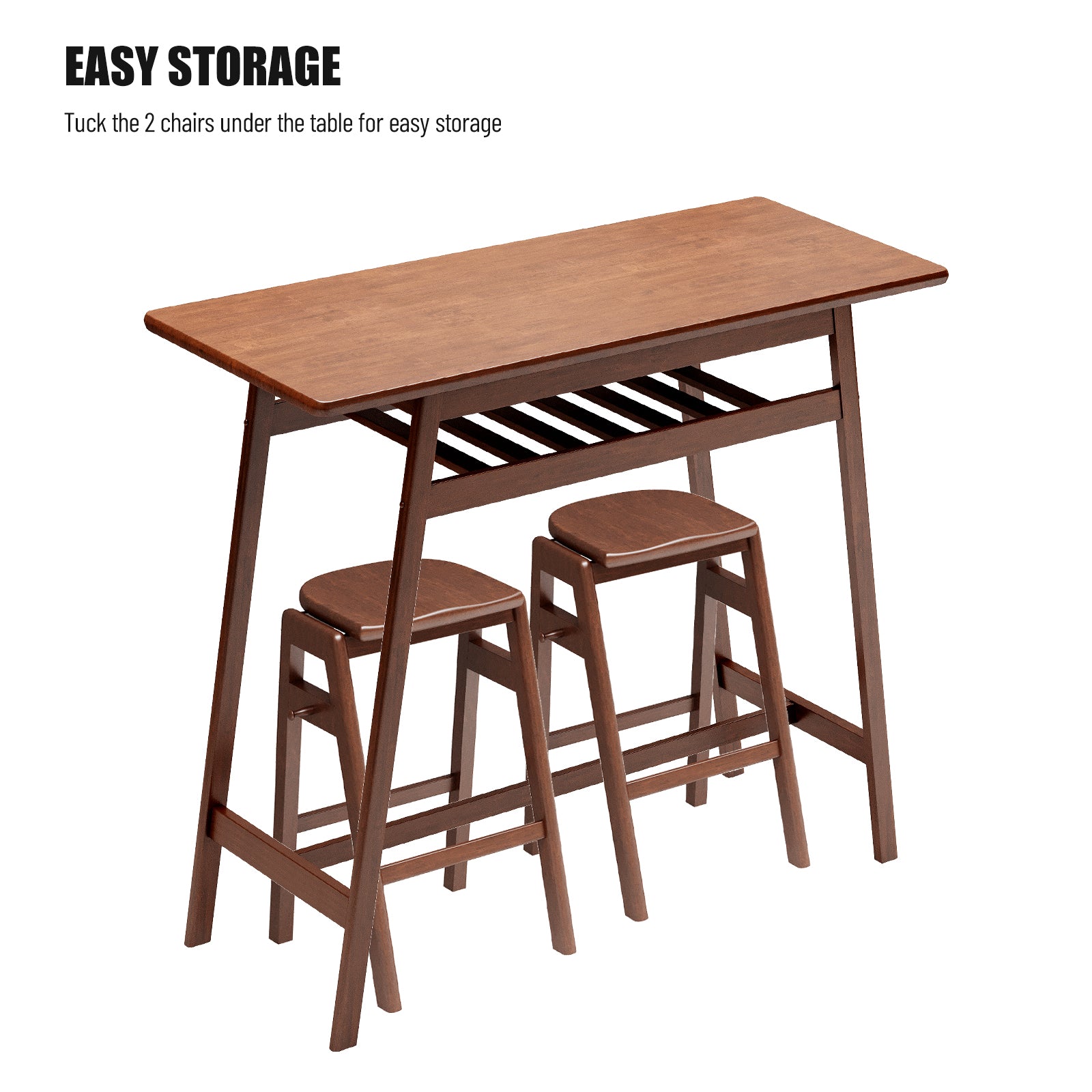 3 Pcs Pub Dining Set Retro Bar Table Rubber Wood Stackable Backless High Stool For 2 With Shelf And Hooks For Home Bar Small Space Antique Brown Rubber Wood