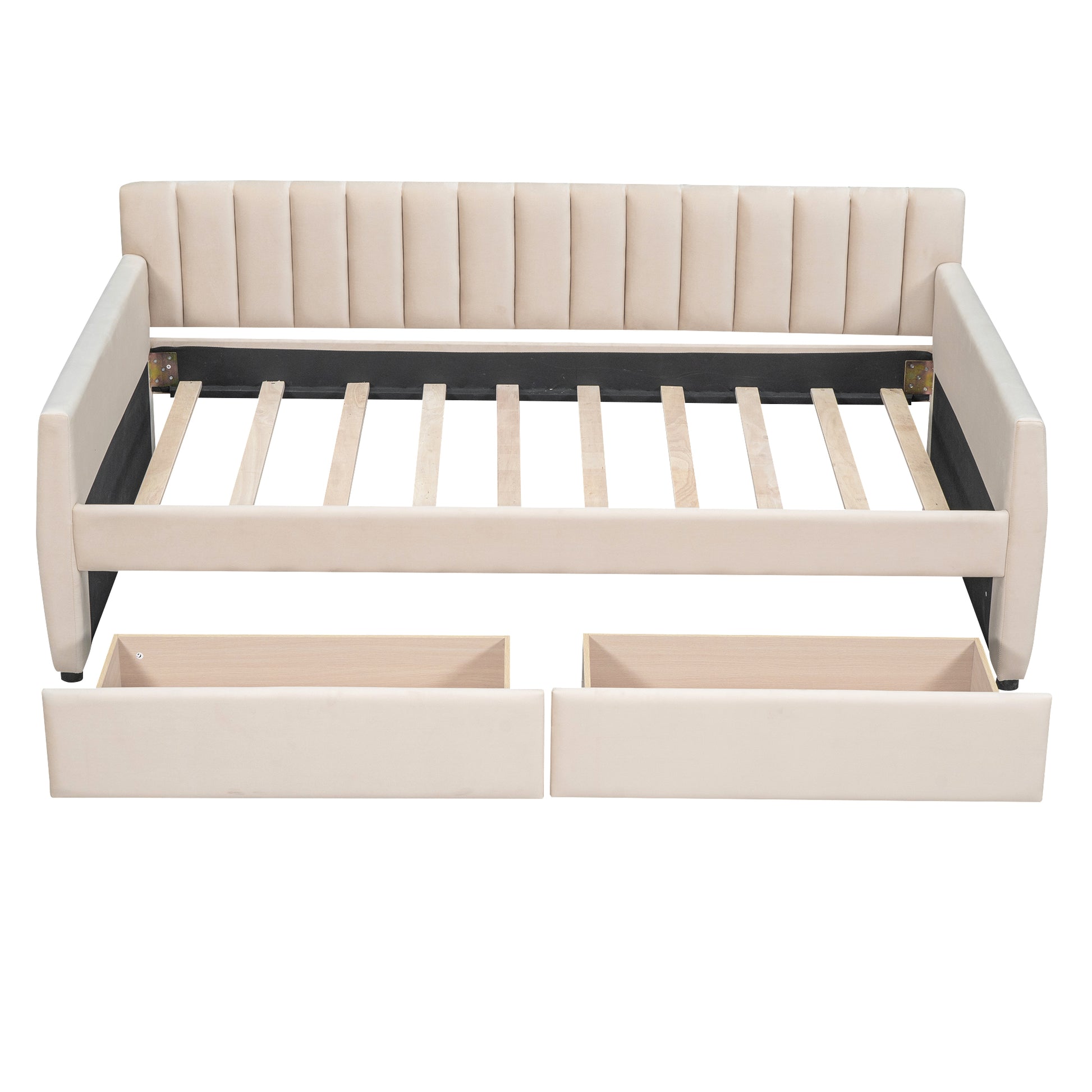 Twin Size Upholstered Daybed With Drawers, Wood Slat Support, Beige Beige Velvet