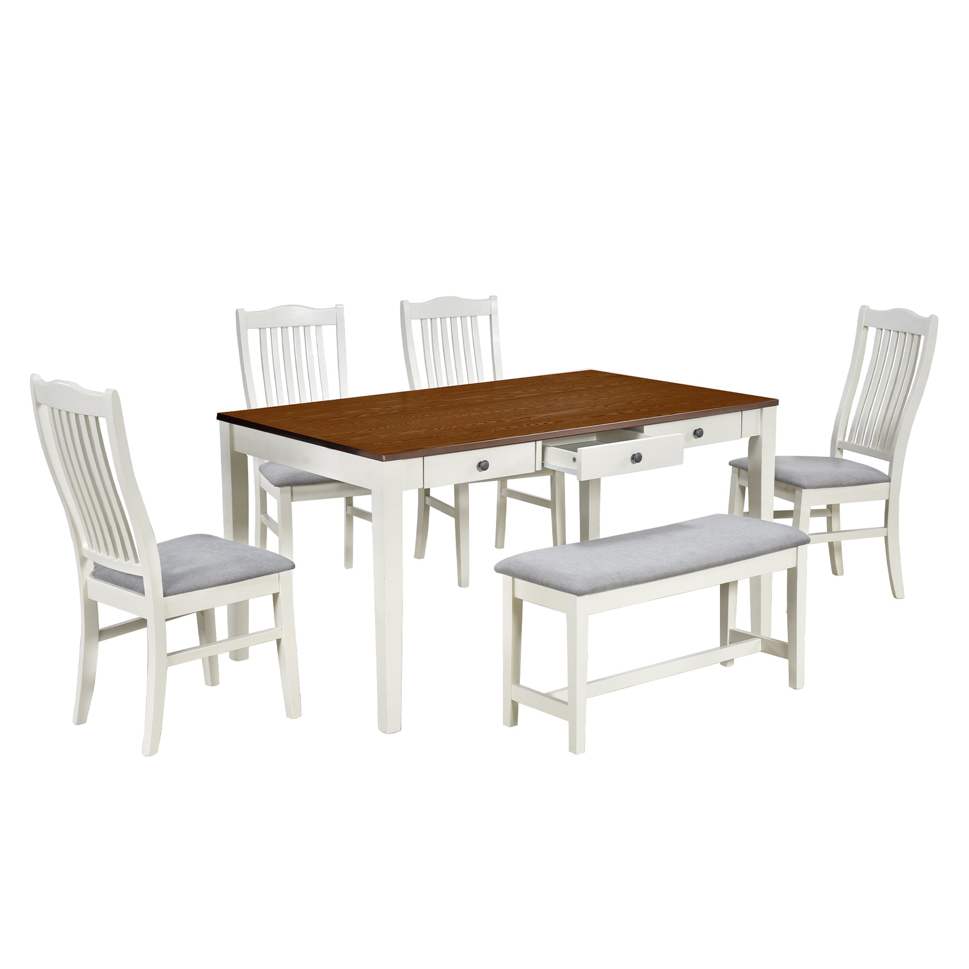Mid Century 6 Piece Wood Dining Table Set, Kitchen Table Set With Drawer, Upholstered Chairs And Bench, Butter Milk White Wood Dining Room Solid Wood Rubberwood Rectangular Dining Table With Chair And Bench Upholstered Chair Wood Grey Solid Back Seats 6