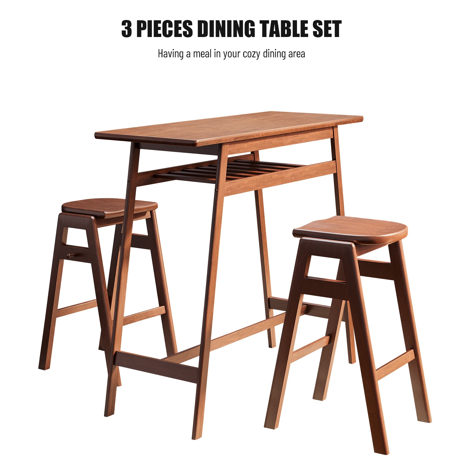 3 Pcs Pub Dining Set Retro Bar Table Rubber Wood Stackable Backless High Stool For 2 With Shelf And Hooks For Home Bar Small Space Antique Brown Rubber Wood
