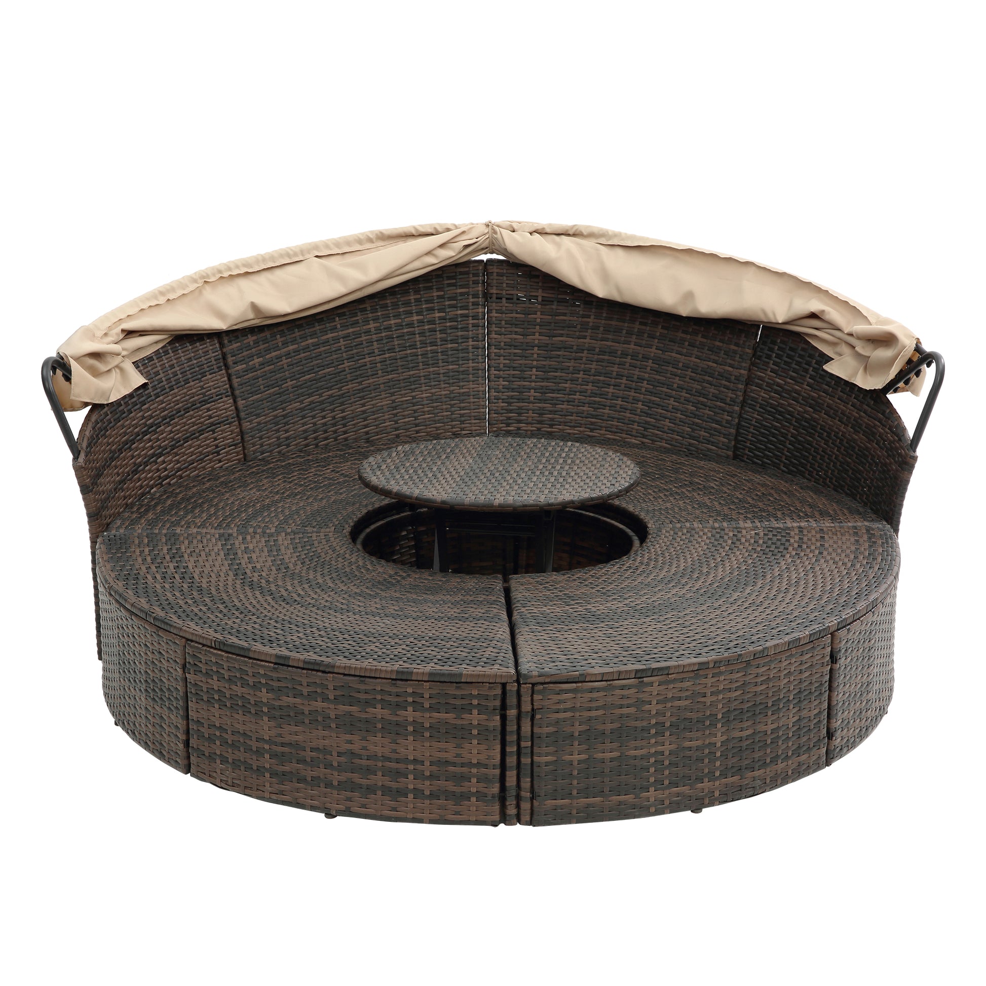 Kd Rattan Round Lounge With Canopy Bali Canopy Bed Outdoor, Wicker Outdoor Sofa Bed With Lift Coffee Table Beige Cotton Steel