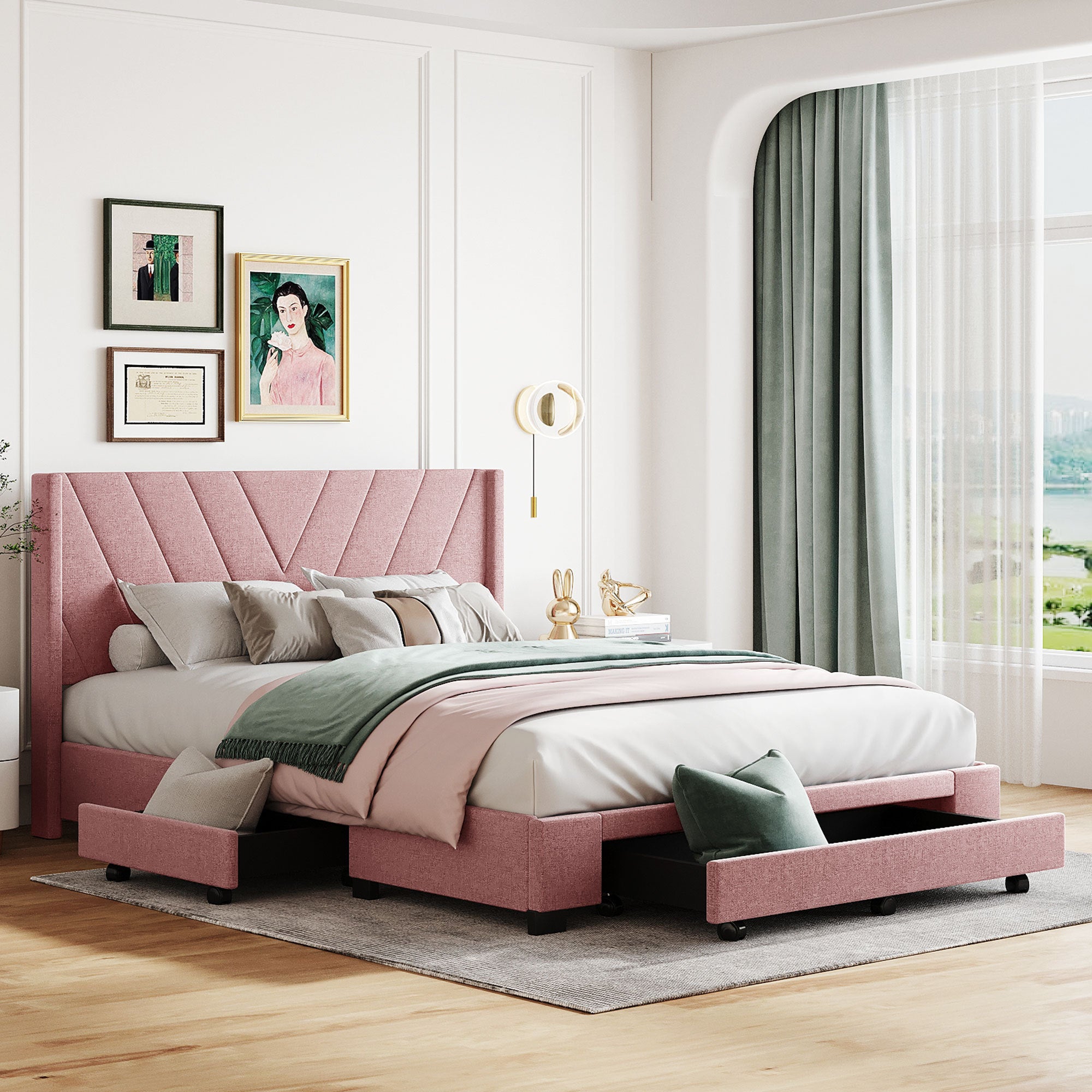 Queen Size Storage Bed Linen Upholstered Platform Bed With 3 Drawers Pink Pink Upholstered