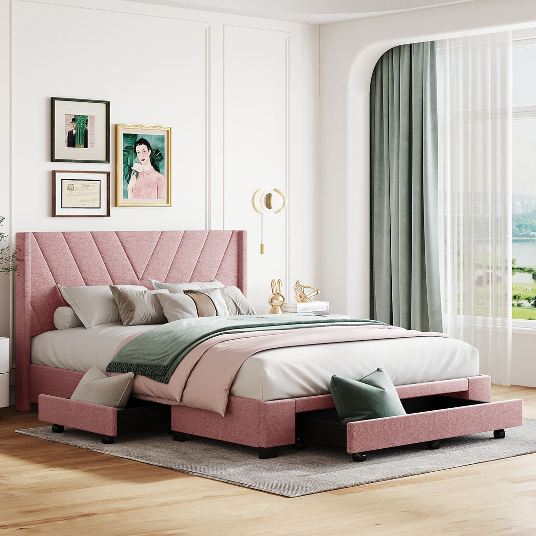 Queen Size Storage Bed Linen Upholstered Platform Bed With 3 Drawers Pink Pink Upholstered