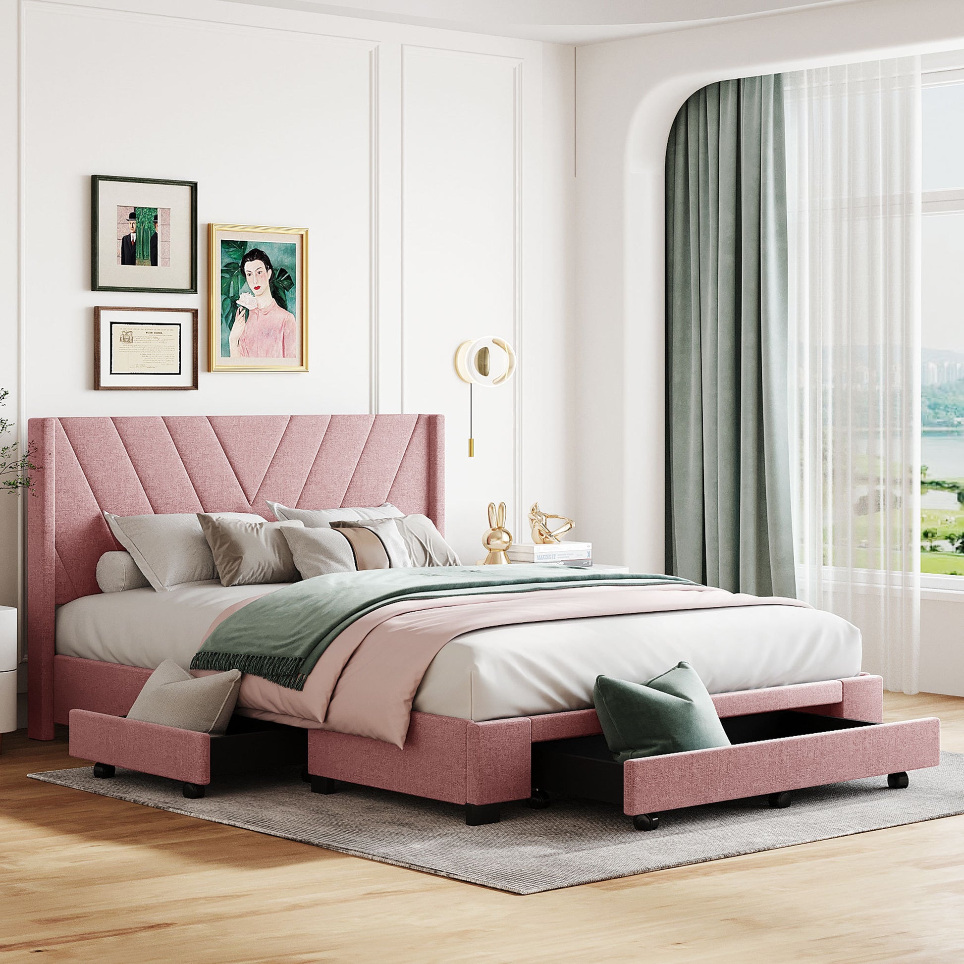Queen Size Storage Bed Linen Upholstered Platform Bed With 3 Drawers Pink Pink Upholstered
