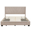 Queen Size Storage Bed Linen Upholstered Platform Bed With 3 Drawers Beige Beige Upholstered