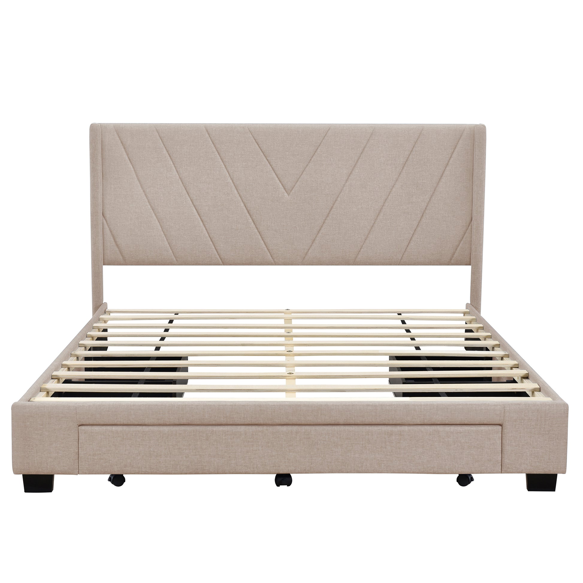 Queen Size Storage Bed Linen Upholstered Platform Bed With 3 Drawers Beige Beige Upholstered