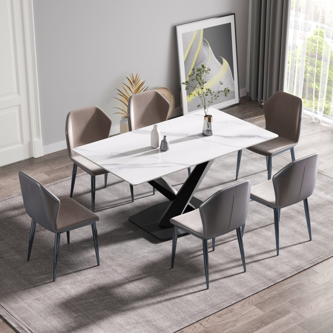 63 Inch Modern Artificial Stone White Straight Edge Black Metal X Leg Dining Table 6 People White Metal Sintered Stone