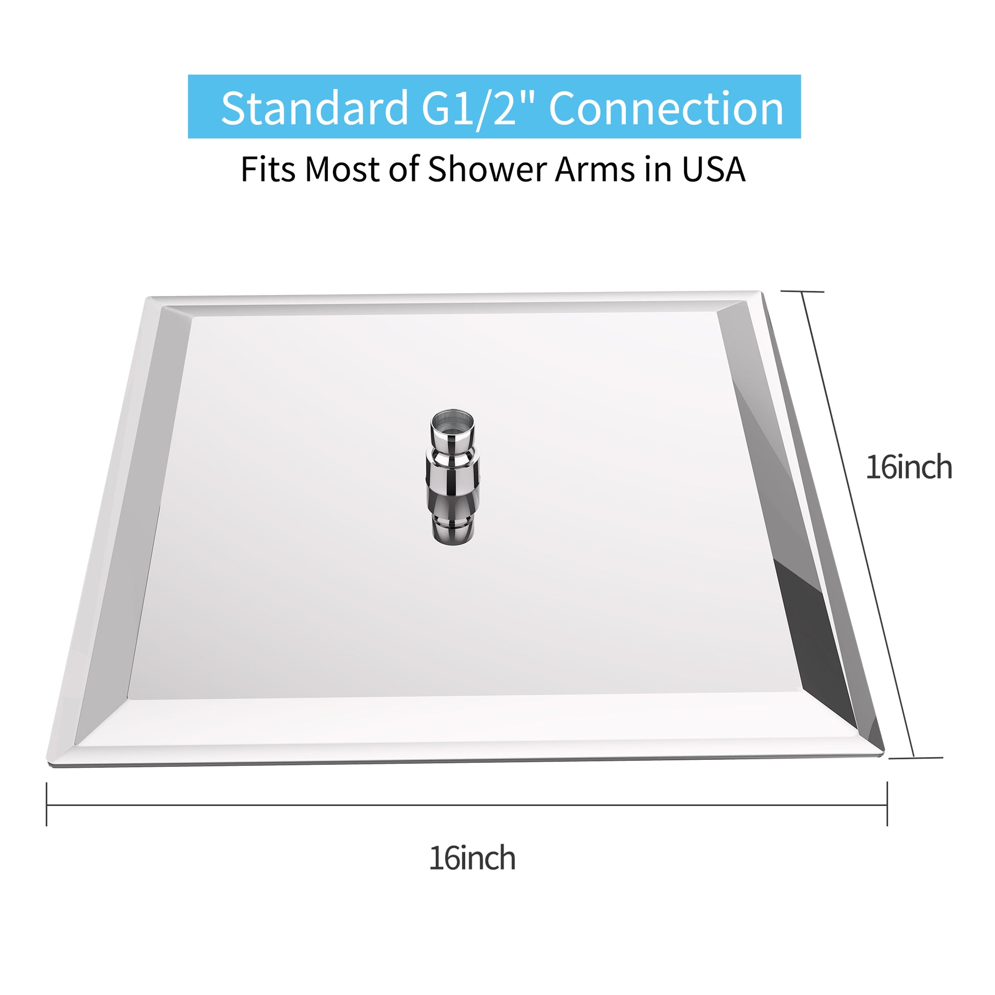 16 Inch Chrome Rain Shower Head, Square Ultra Thin 304 Stainless Steel High Pressure Shower Head Chrome Stainless Steel