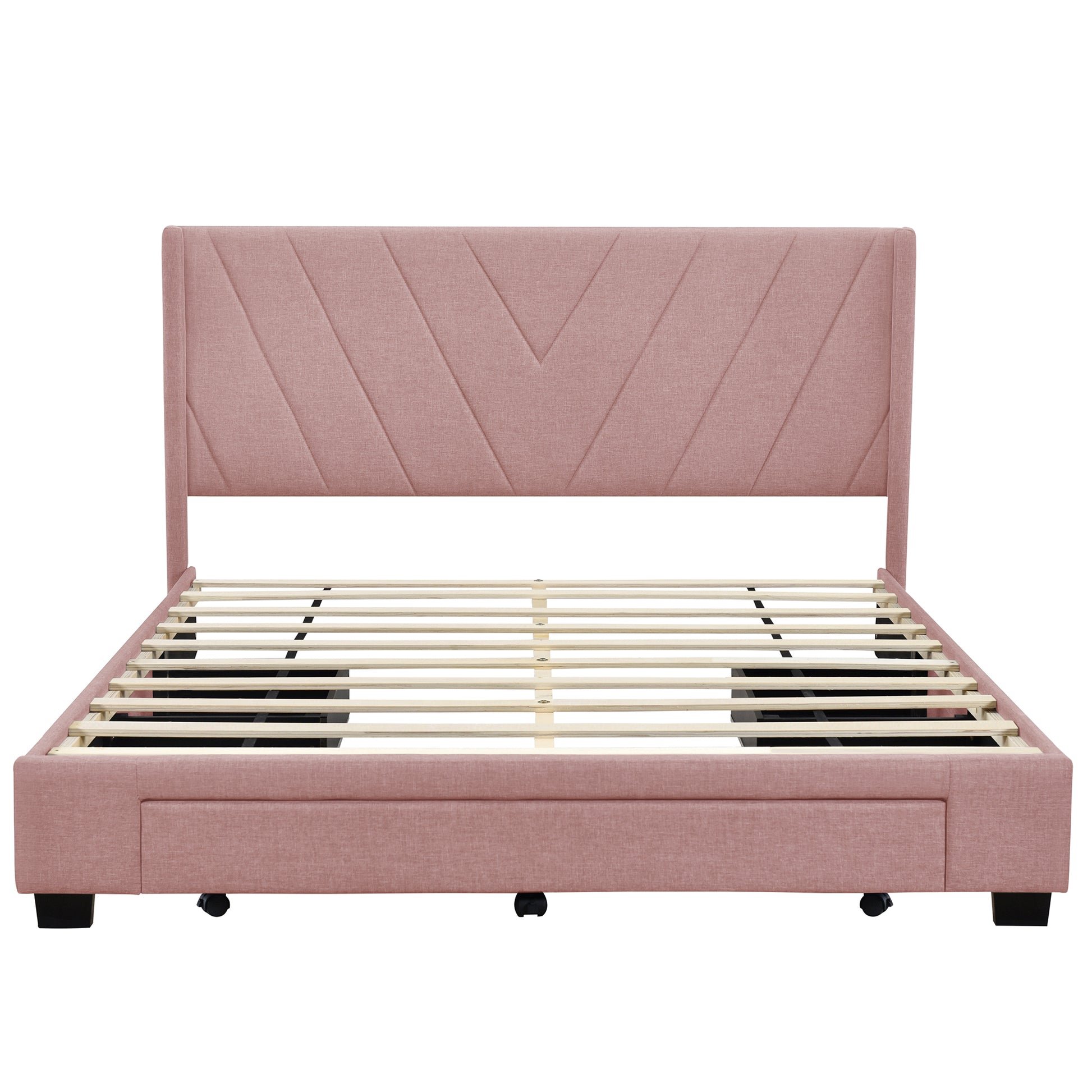 Queen Size Storage Bed Linen Upholstered Platform Bed With 3 Drawers Pink Pink Upholstered