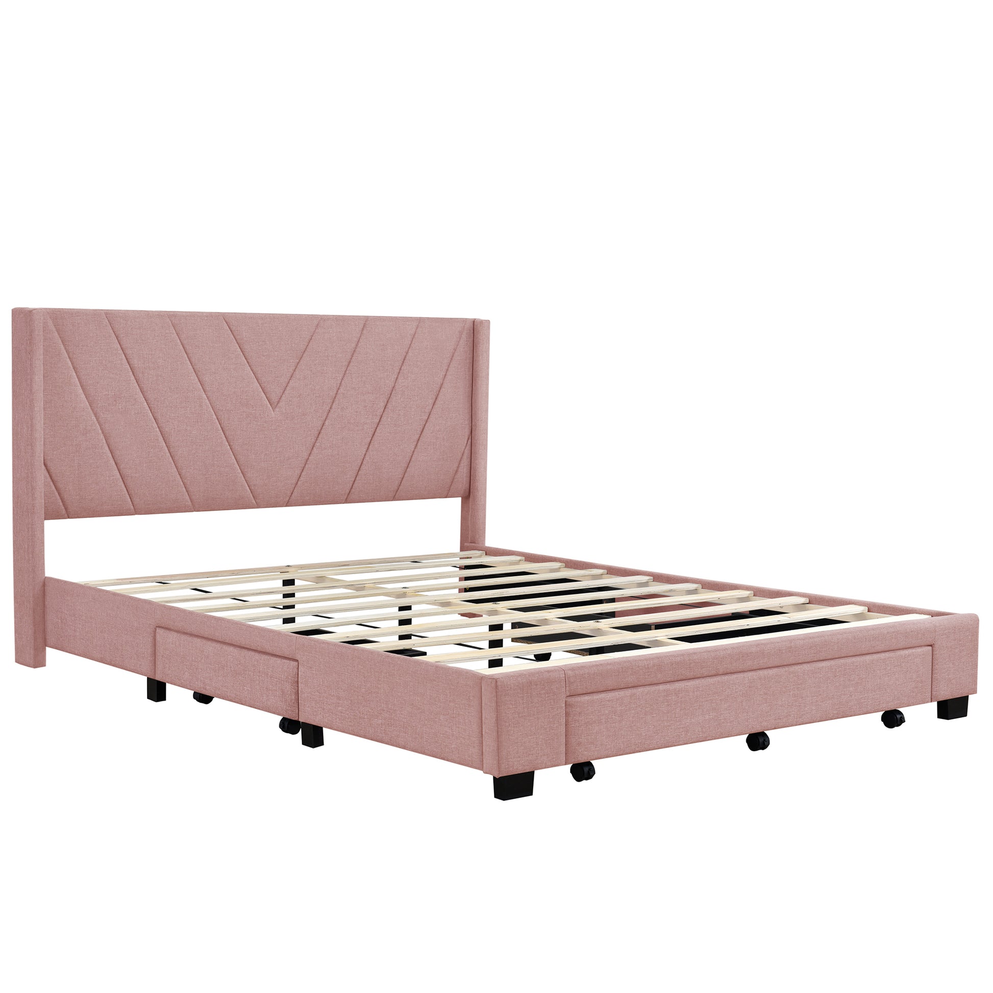 Queen Size Storage Bed Linen Upholstered Platform Bed With 3 Drawers Pink Pink Upholstered