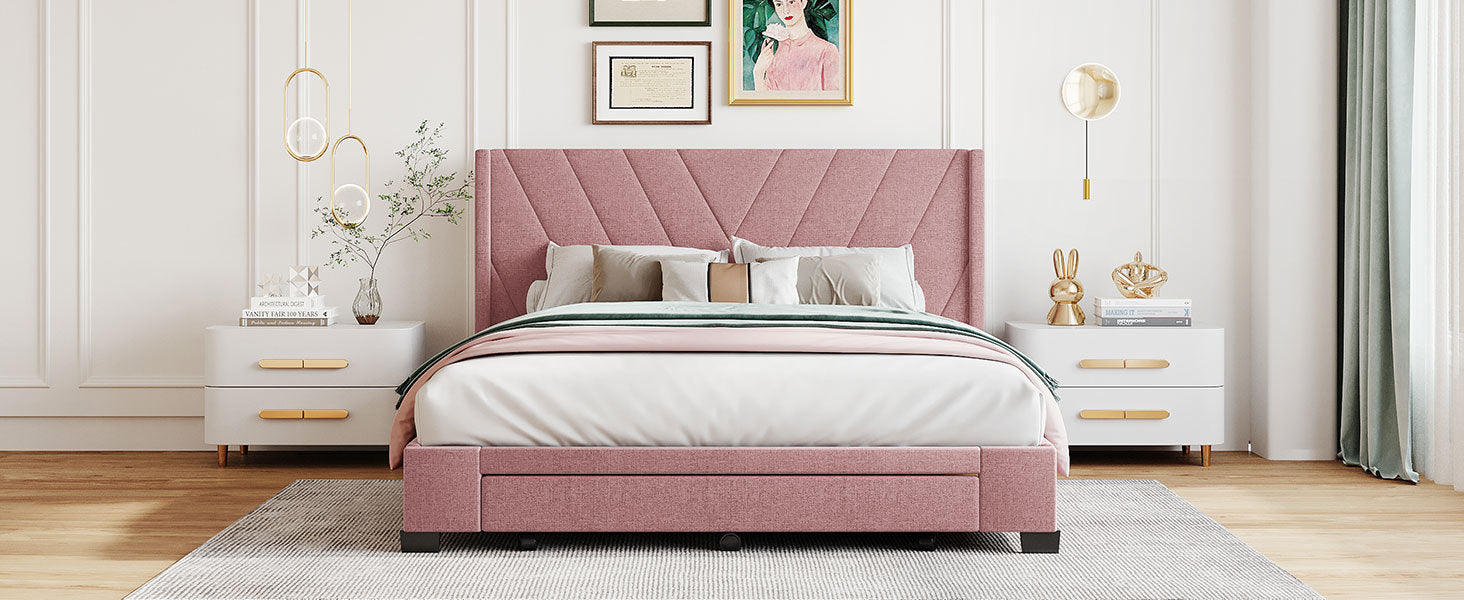 Queen Size Storage Bed Linen Upholstered Platform Bed With 3 Drawers Pink Pink Upholstered