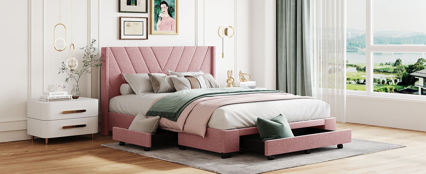 Queen Size Storage Bed Linen Upholstered Platform Bed With 3 Drawers Pink Pink Upholstered