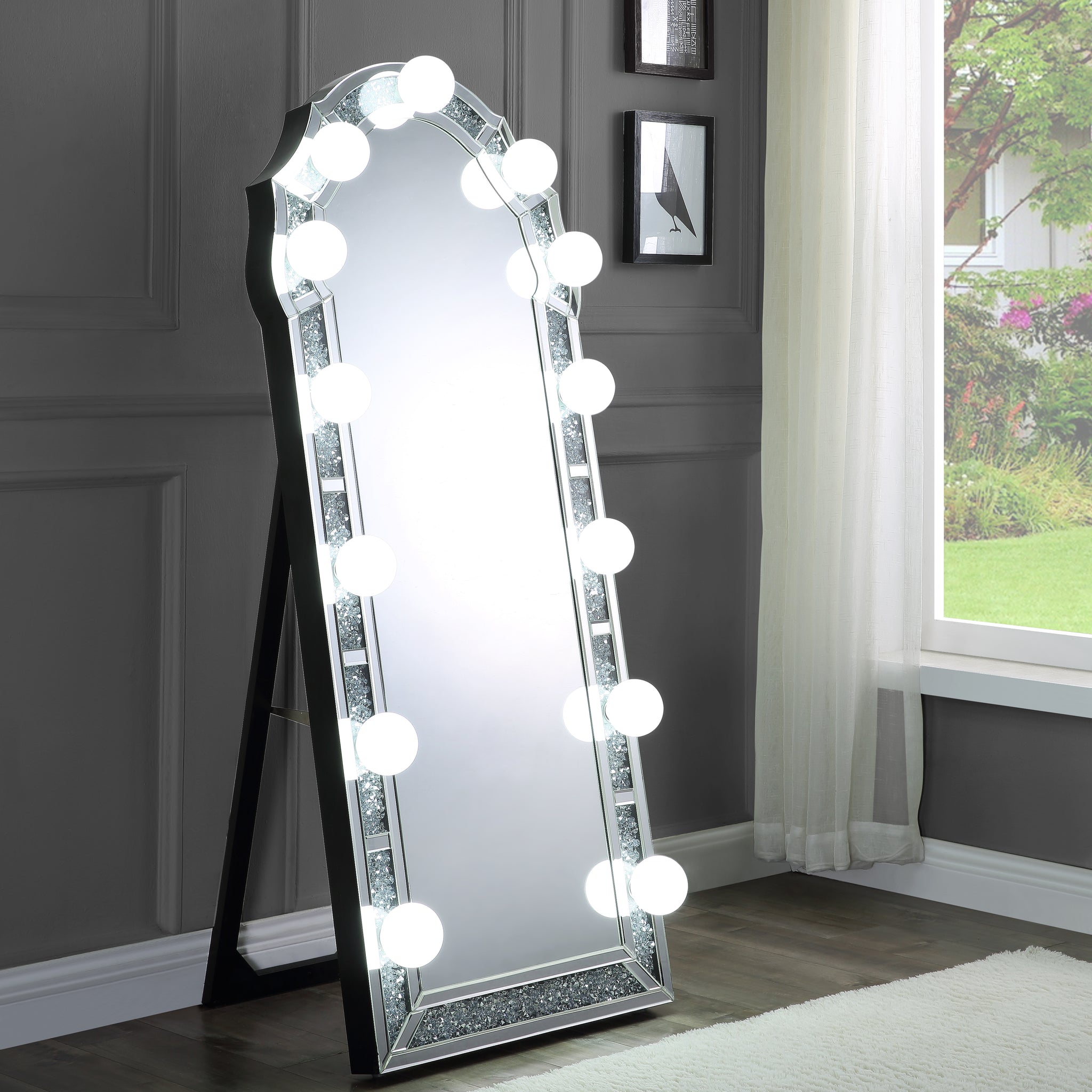 Noralie Accent Floor Mirror In Mirrored & Faux Diamonds 97983 Silver Glass