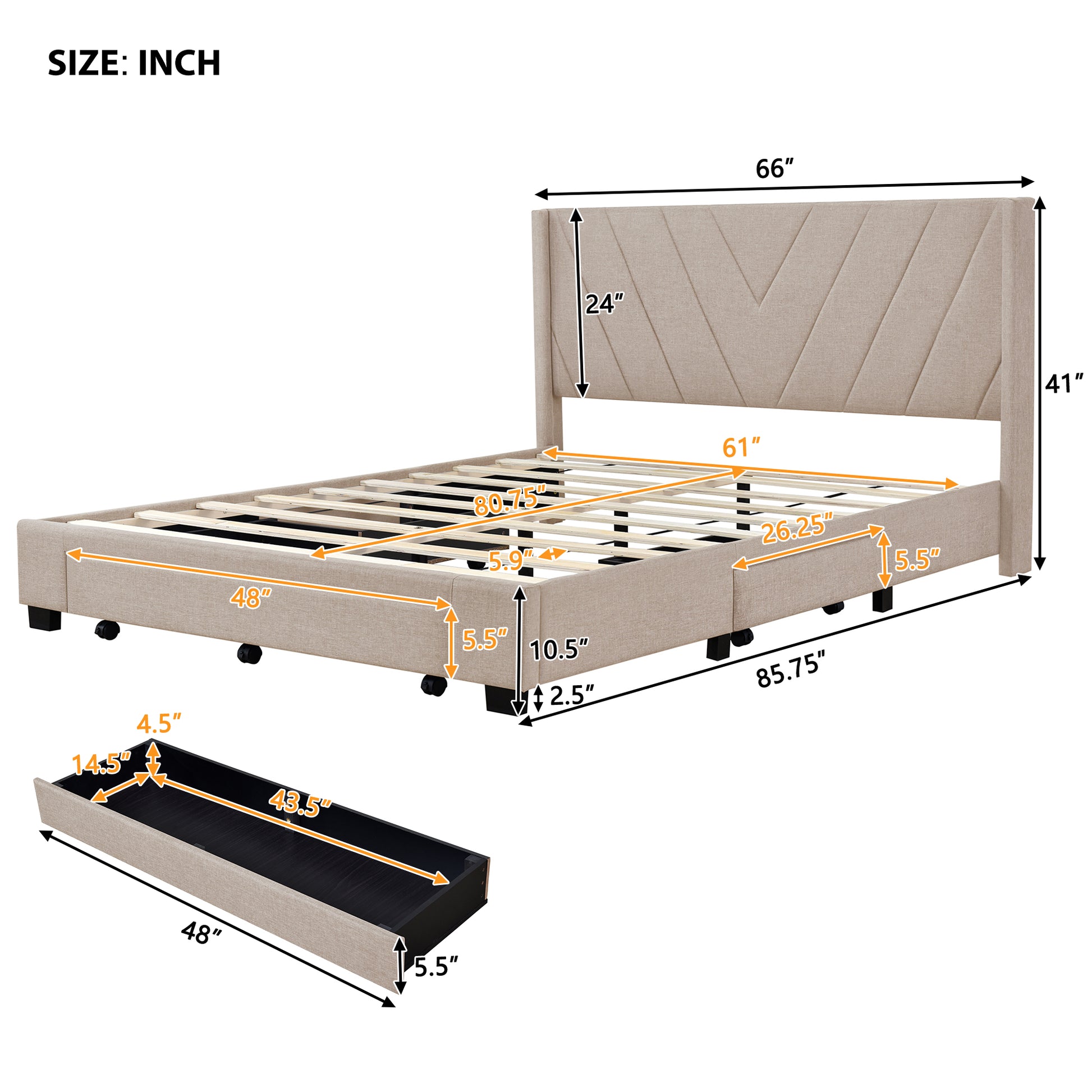 Queen Size Storage Bed Linen Upholstered Platform Bed With 3 Drawers Beige Beige Upholstered