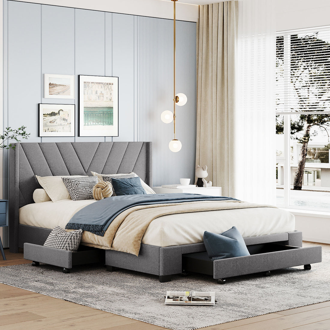 Queen Size Storage Bed Linen Upholstered Platform Bed With 3 Drawers Gray Gray Upholstered
