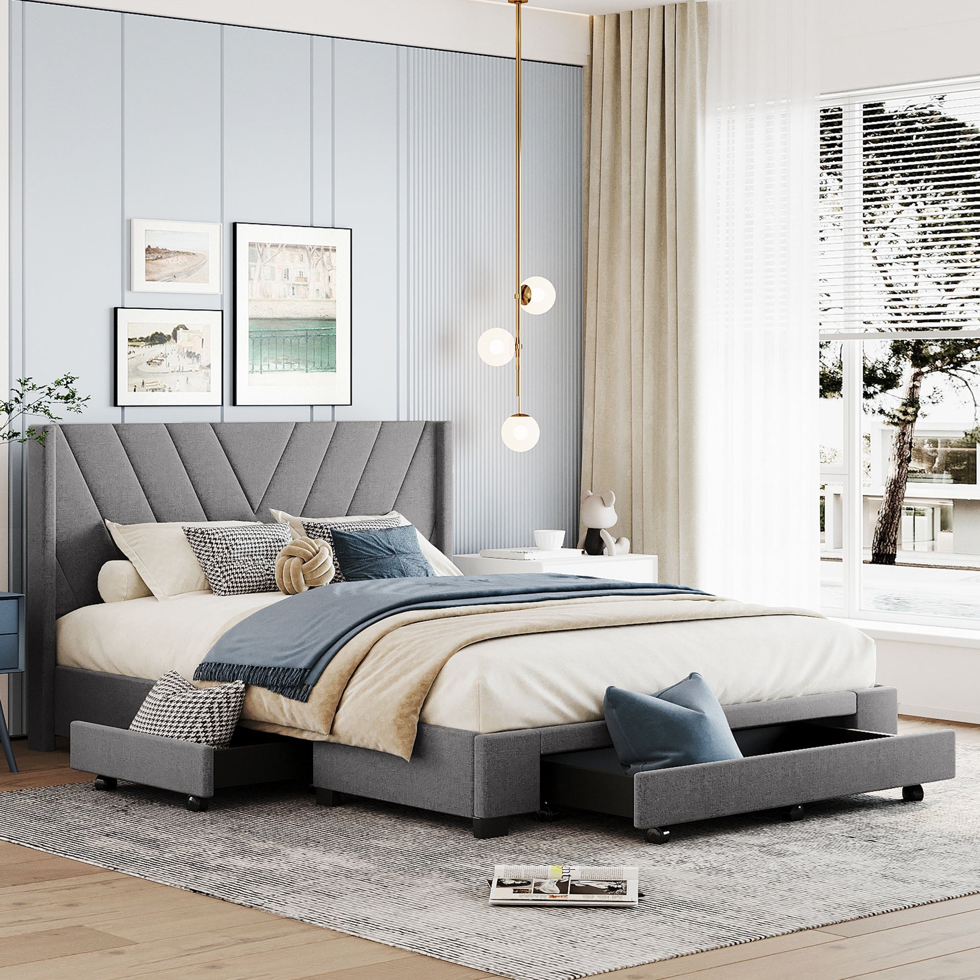 Queen Size Storage Bed Linen Upholstered Platform Bed With 3 Drawers Gray Gray Upholstered