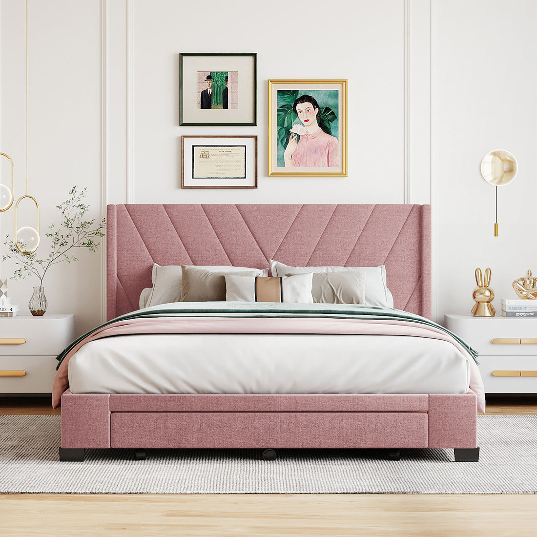 Queen Size Storage Bed Linen Upholstered Platform Bed With 3 Drawers Pink Pink Upholstered