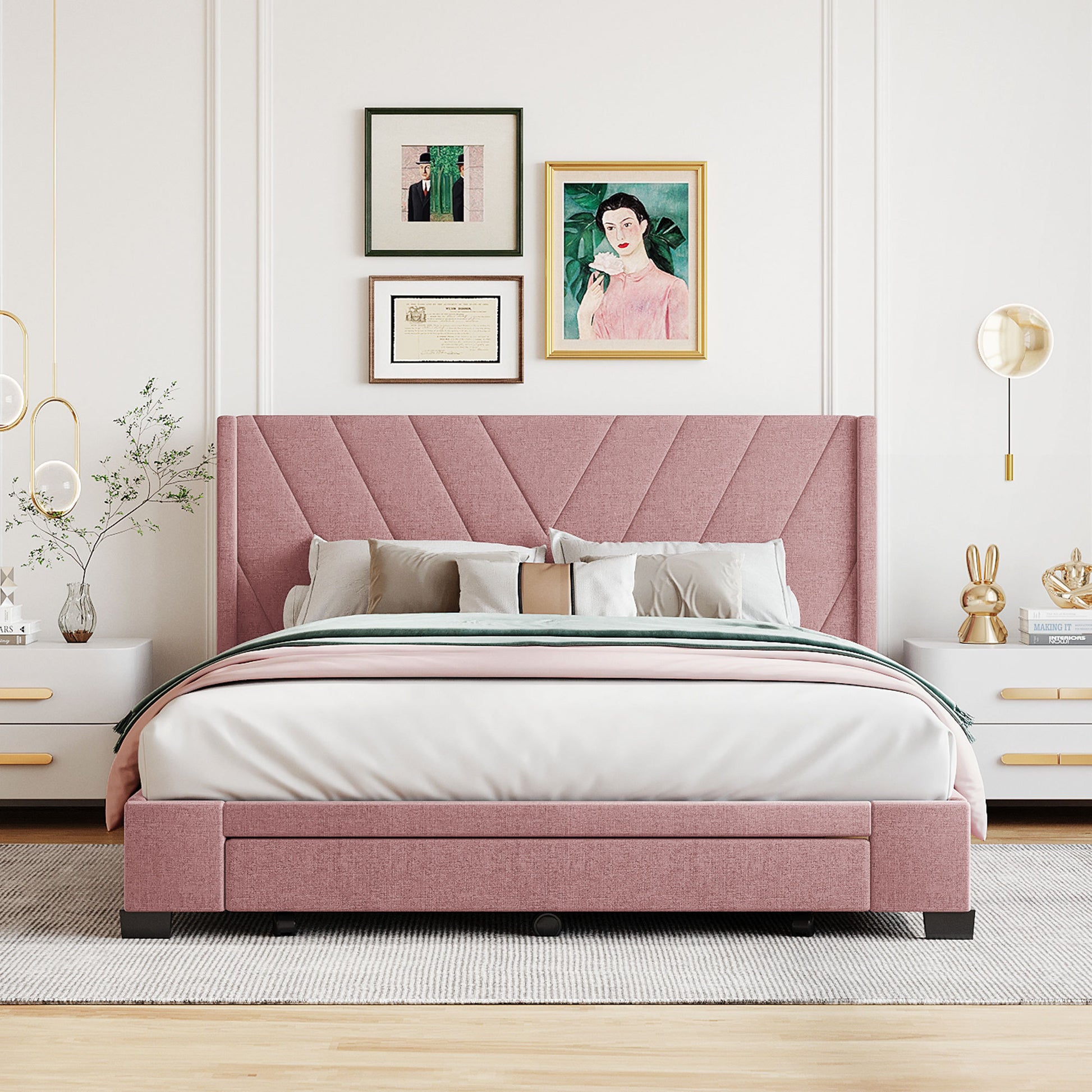 Queen Size Storage Bed Linen Upholstered Platform Bed With 3 Drawers Pink Pink Upholstered