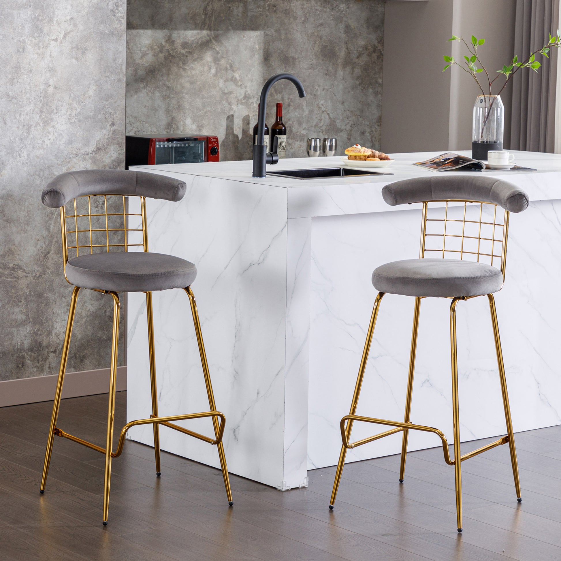 Bar Stool Set Of 2, Luxury Velvet High Bar Stool With Metal Legs And Soft Back, Pub Stool Chairs Armless Modern Kitchen High Dining Chairs With Metal Legs, Grey Gray Velvet