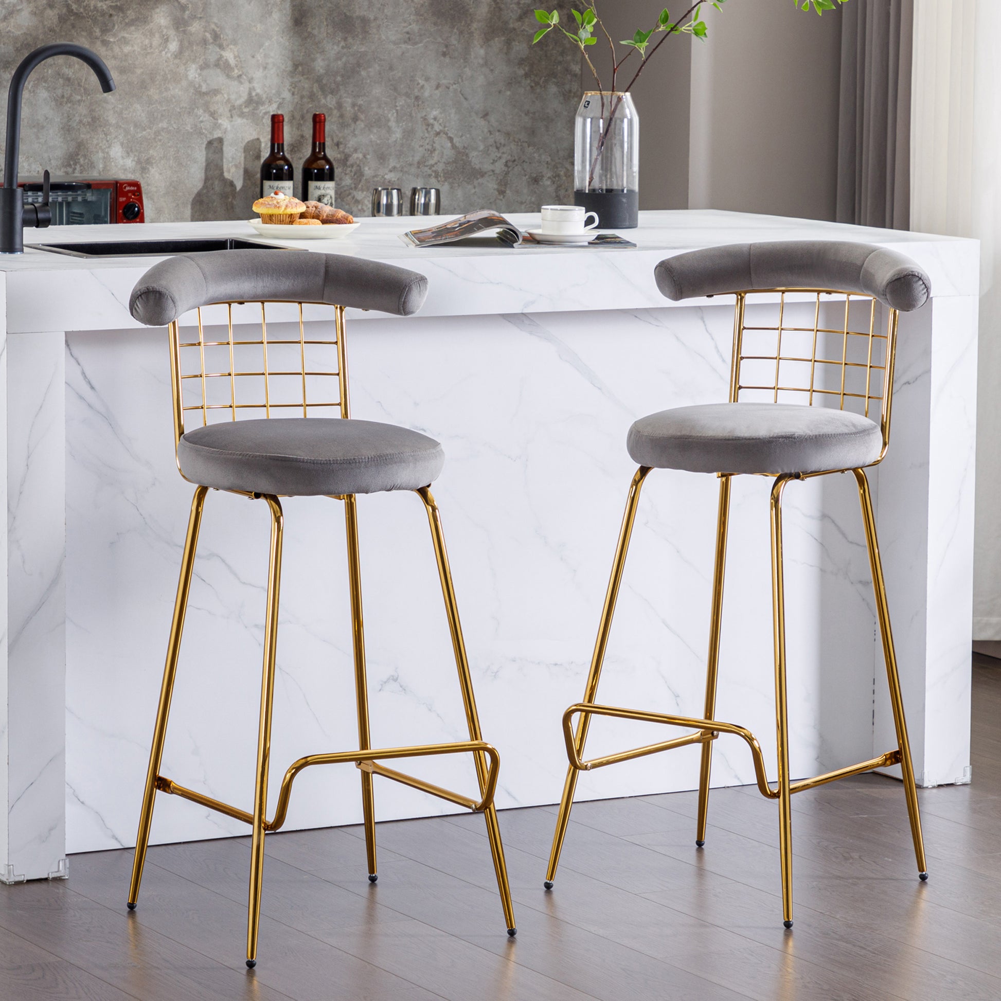 Bar Stool Set Of 2, Luxury Velvet High Bar Stool With Metal Legs And Soft Back, Pub Stool Chairs Armless Modern Kitchen High Dining Chairs With Metal Legs, Grey Gray Velvet