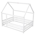 Full Size Floor Wooden Bed With House Roof Frame, Fence Guardrails ,White Old Sku:W50471475 Full White Pine