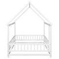 Full Size Floor Wooden Bed With House Roof Frame, Fence Guardrails ,White Old Sku:W50471475 Full White Pine