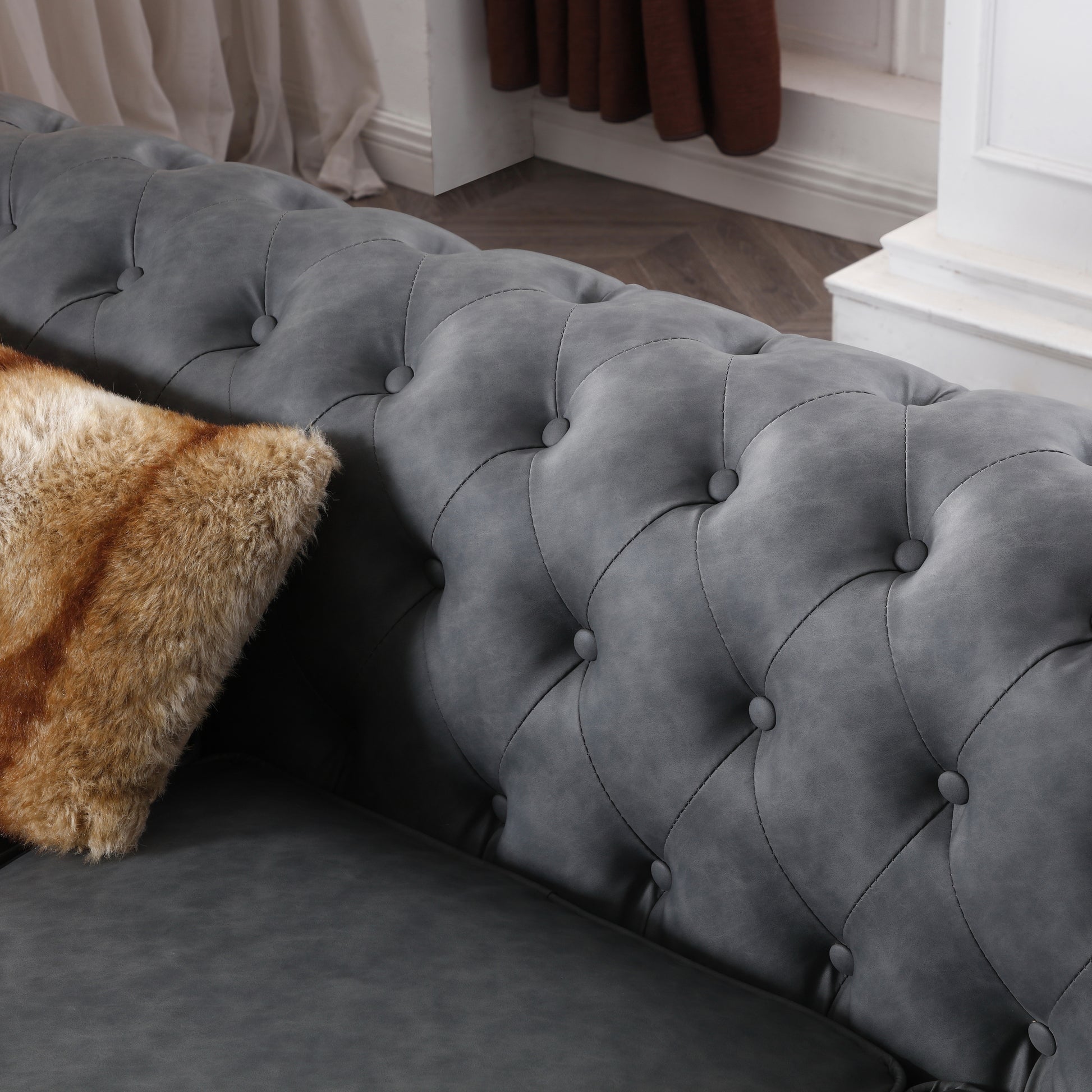 Classic Chesterfield Sofa Dark Grey Faux Leather Dark Grey Foam Technical Leather