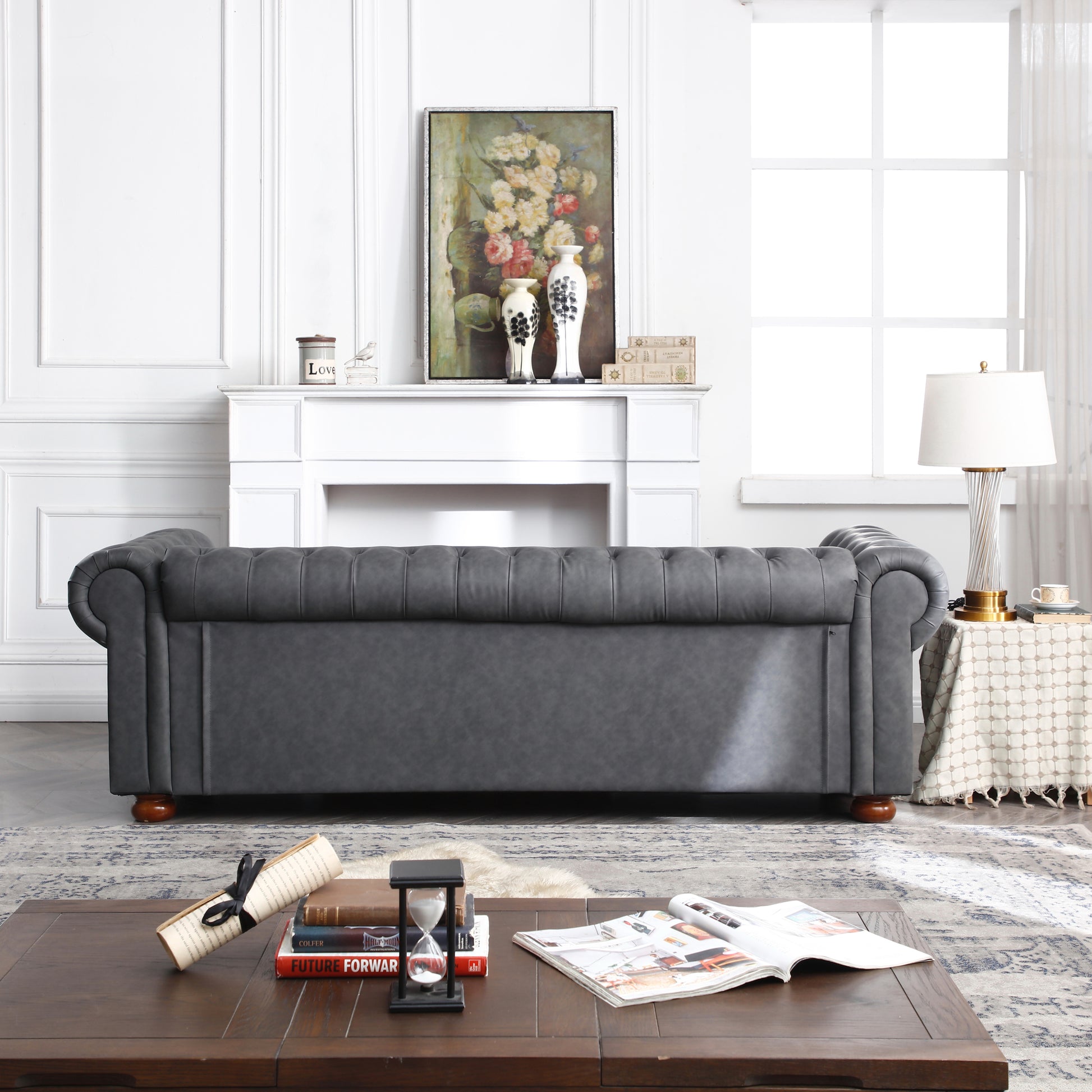 Classic Chesterfield Sofa Dark Grey Faux Leather Dark Grey Foam Technical Leather