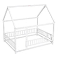 Full Size Floor Wooden Bed With House Roof Frame, Fence Guardrails ,White Old Sku:W50471475 Full White Pine