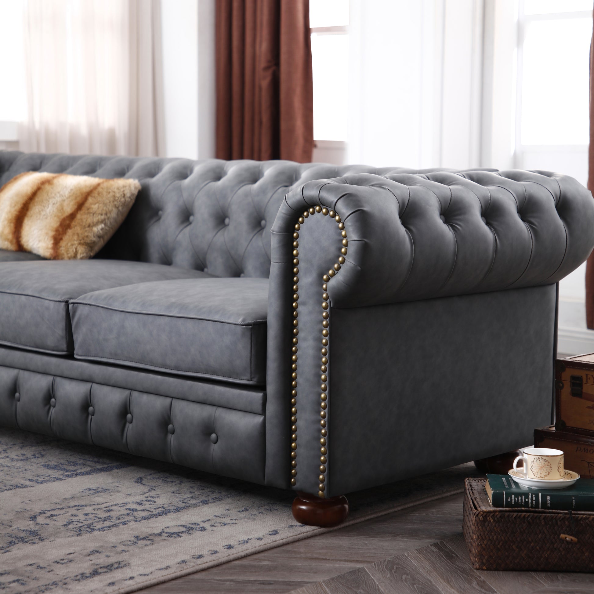 Classic Chesterfield Sofa Dark Grey Faux Leather Dark Grey Foam Technical Leather