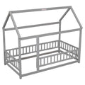 Twin Size Floor Wooden Bed With House Roof Frame, Fence Guardrails,Grey Old Sku:W50471471 Twin Grey Pine