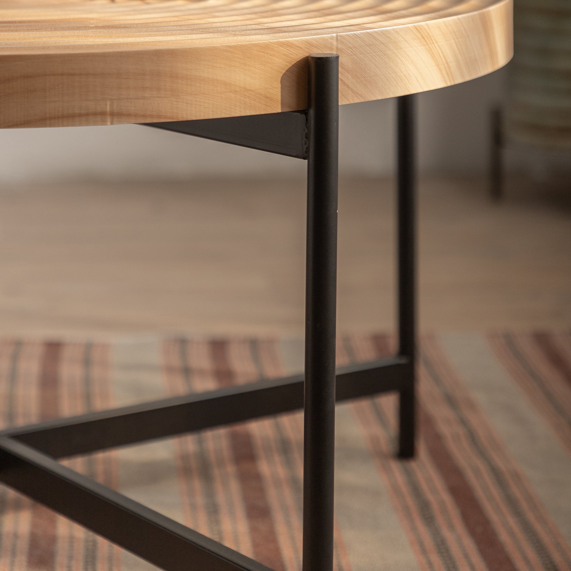 33"Modern Thread Design Round Coffee Tablemdf Table Top With Cross Legs Metal Base Natural Mdf