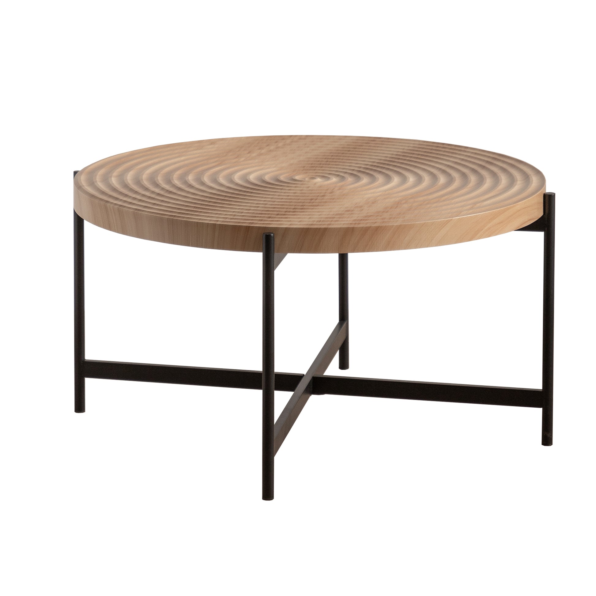 33"Modern Thread Design Round Coffee Tablemdf Table Top With Cross Legs Metal Base Natural Mdf