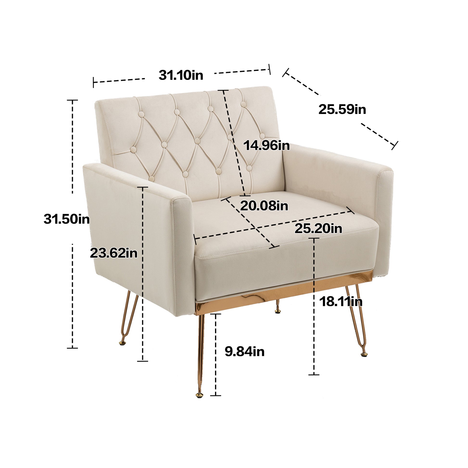 Coolmore Velvet Armchair Single Sofa Modern Tufted Upholstered Side Reading Chairs With Arm And Gold Metal Leg For Living Room Bedroom Beige Beige Foam Velvet