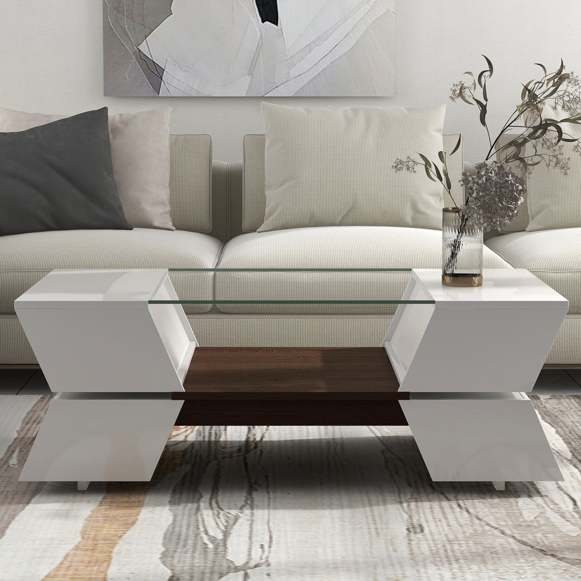 6Mm Glass Top Coffee Table With Open Shelves And Cabinets, Geometric Style Cocktail Table With Great Storage Capacity, Modernist 2 Tier Center Table For Living Room, White White Particle Board