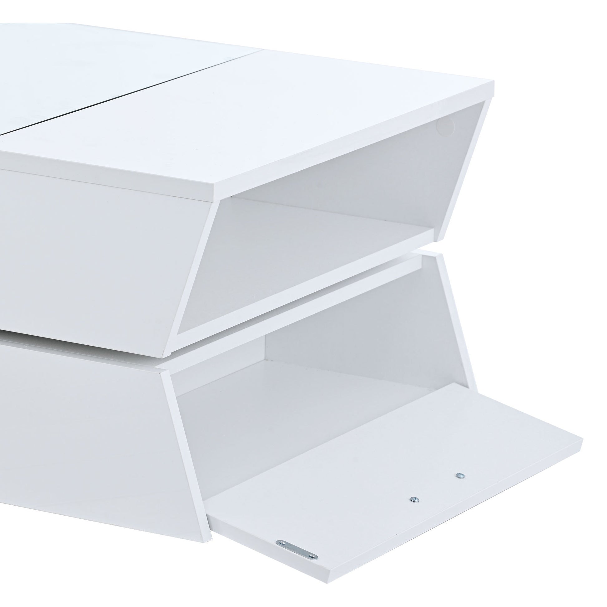 6Mm Glass Top Coffee Table With Open Shelves And Cabinets, Geometric Style Cocktail Table With Great Storage Capacity, Modernist 2 Tier Center Table For Living Room, White White Particle Board