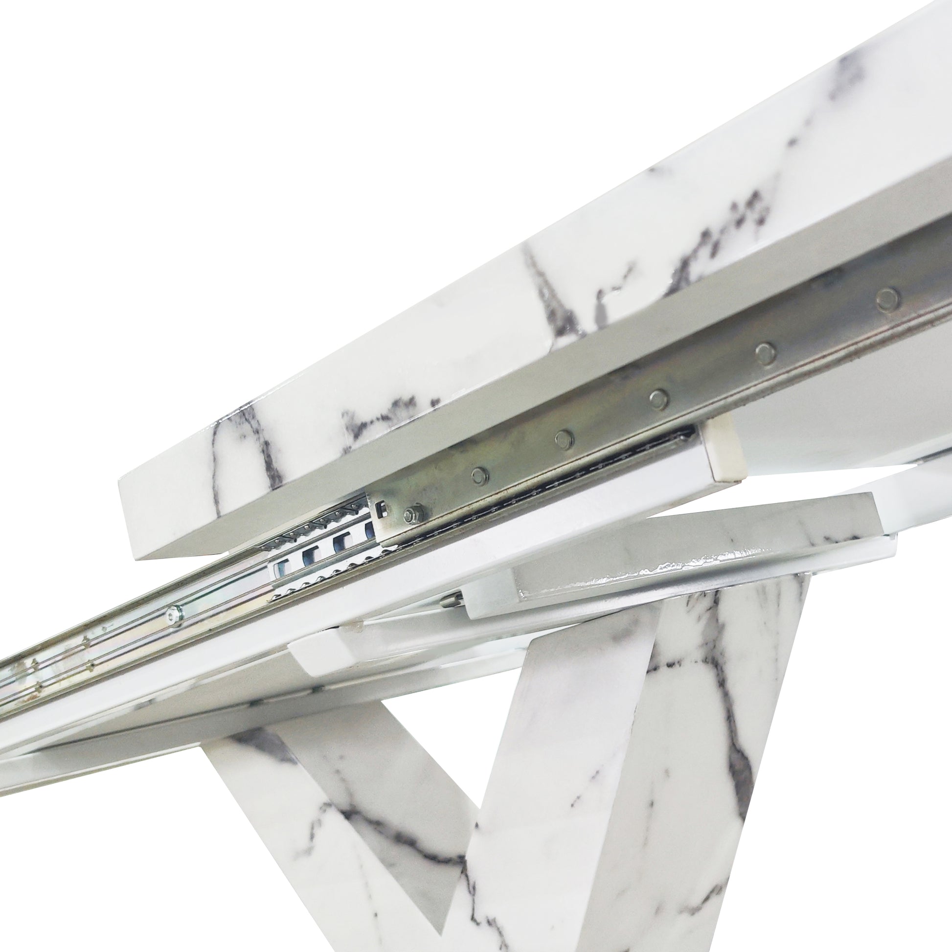 Modern Square Dining Table, Stretchable, With Printed White Marble Table Top Mdf X Shape Table Leg With Metal Base White Mdf Steel