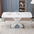 Modern Square Dining Table, Stretchable, With Printed White Marble Table Top Mdf X Shape Table Leg With Metal Base White Mdf Steel
